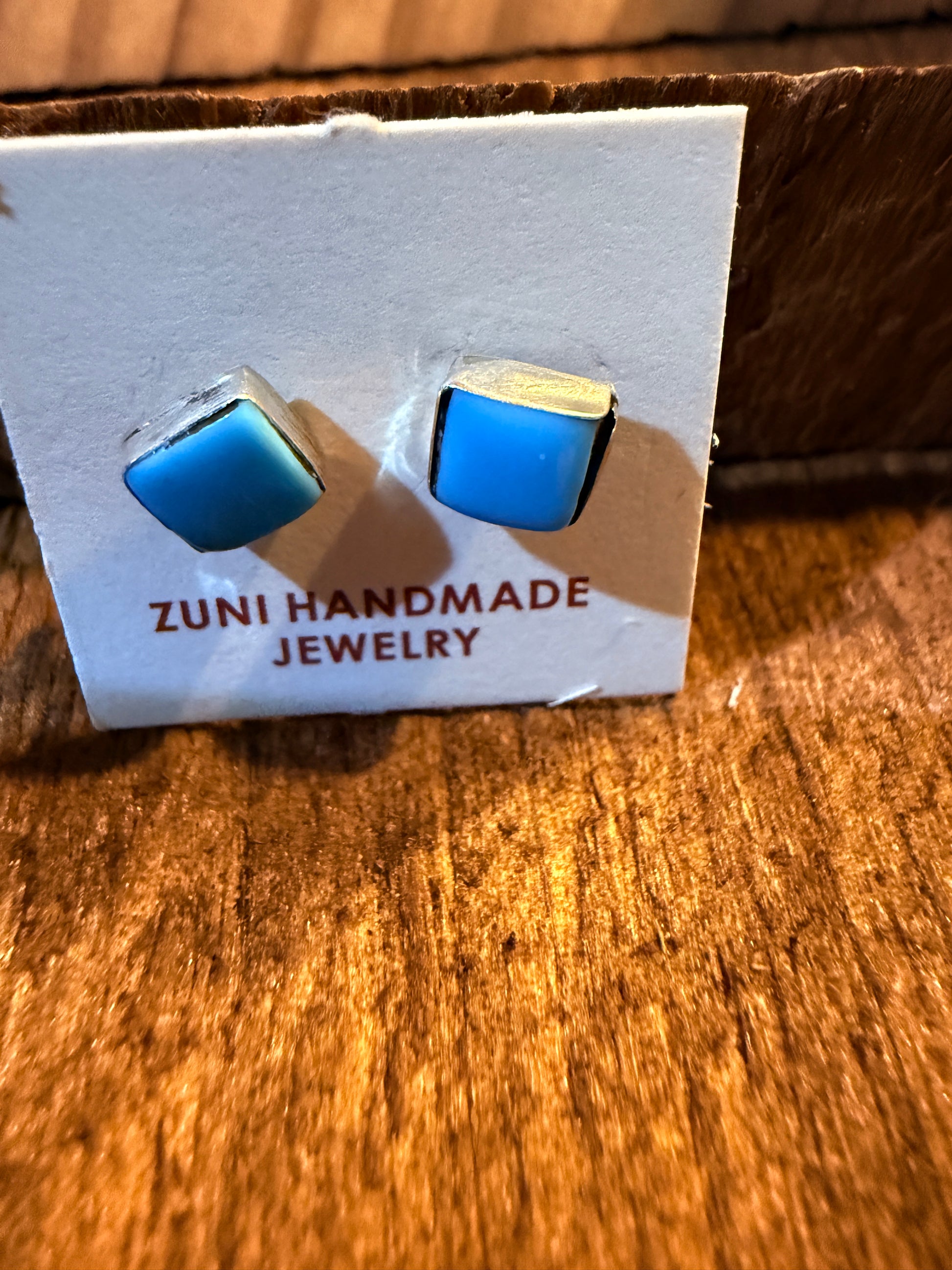 Zuni Handmade Kingman Turquoise Tiny Stud Earrings, Sterling Silver Wild West Boho