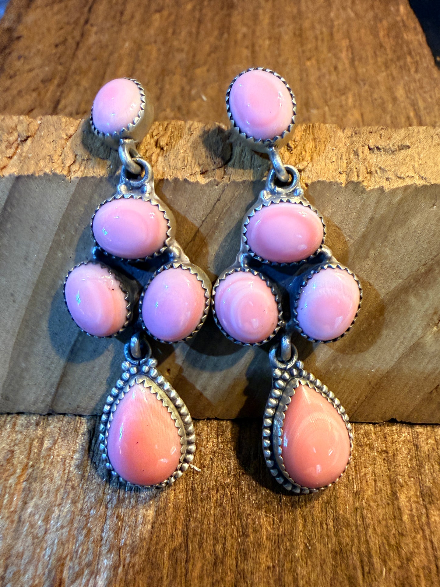 Pink Conch Turquoise Gemstone Huge Cluster Drop Earring Studs in Sterling Silver Wild West Boho