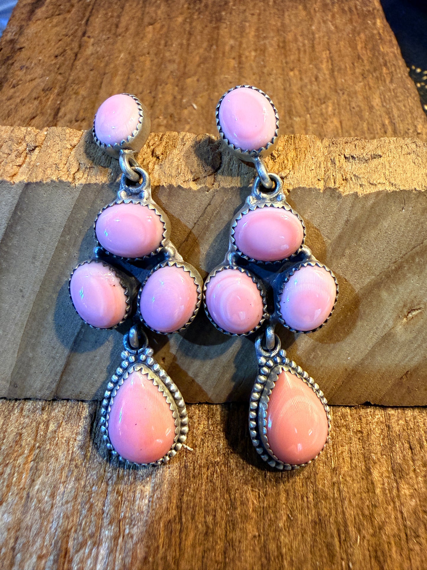 Pink Conch Turquoise Gemstone Huge Cluster Drop Earring Studs in Sterling Silver Wild West Boho