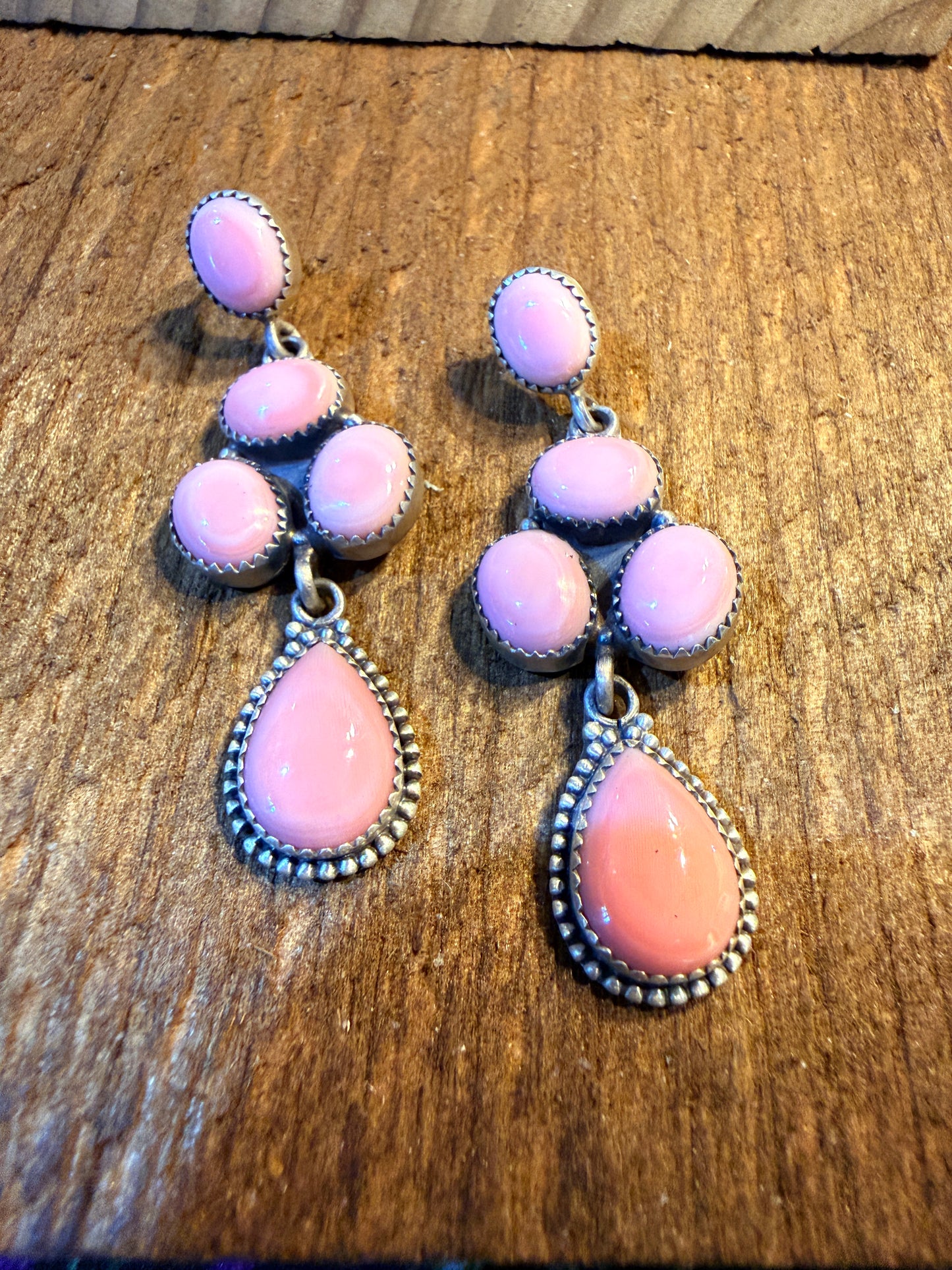 Pink Conch Turquoise Gemstone Huge Cluster Drop Earring Studs in Sterling Silver Wild West Boho
