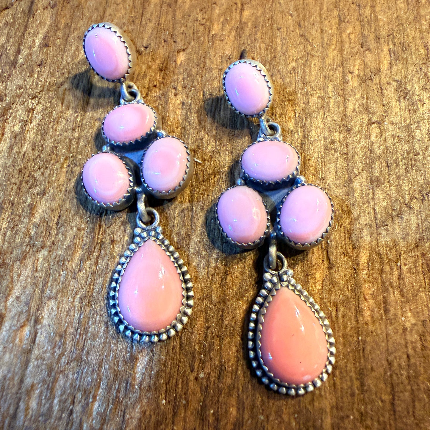 Pink Conch Turquoise Gemstone Huge Cluster Drop Earring Studs in Sterling Silver Wild West Boho