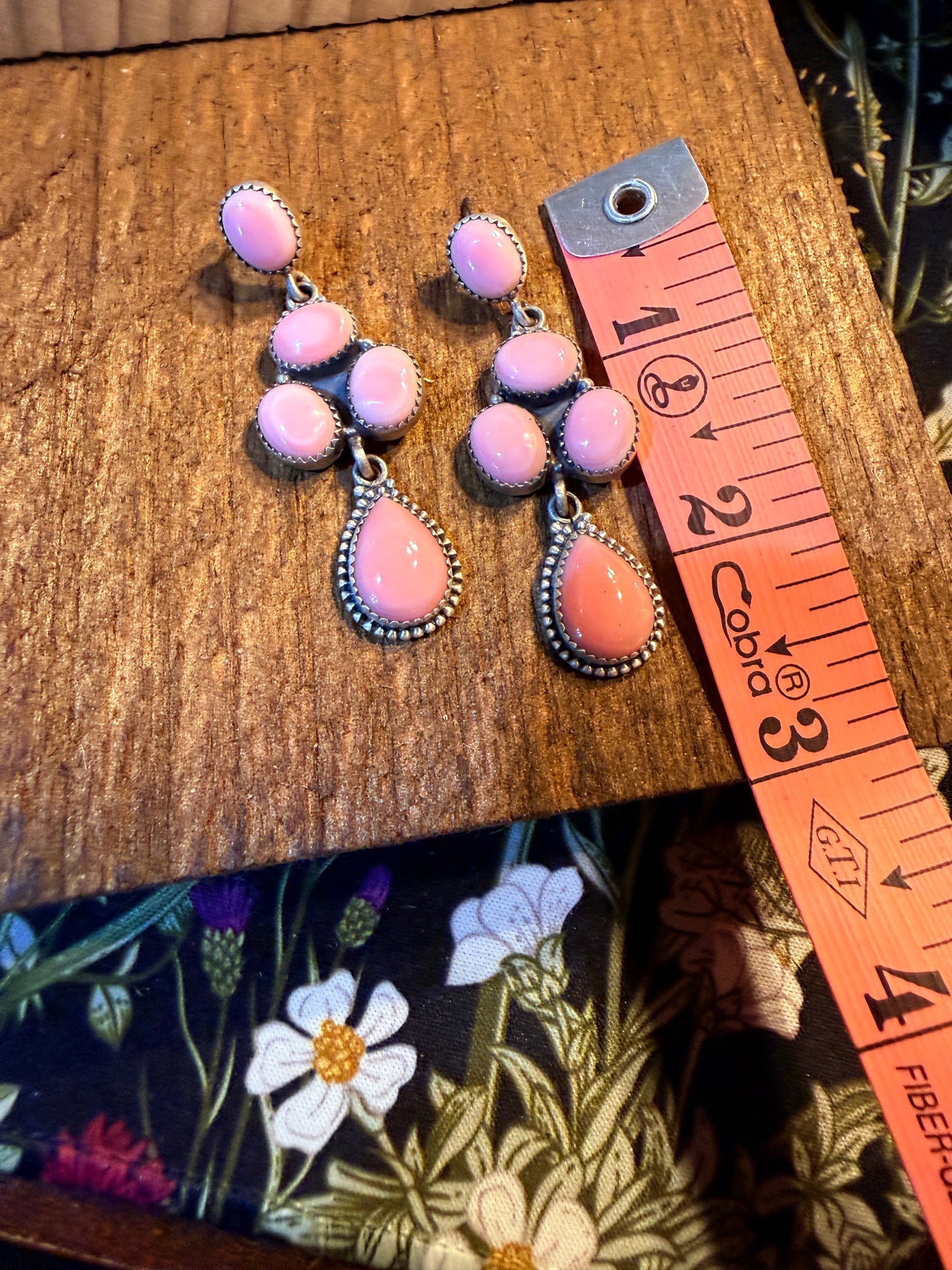 Pink Conch Turquoise Gemstone Huge Cluster Drop Earring Studs in Sterling Silver Wild West Boho