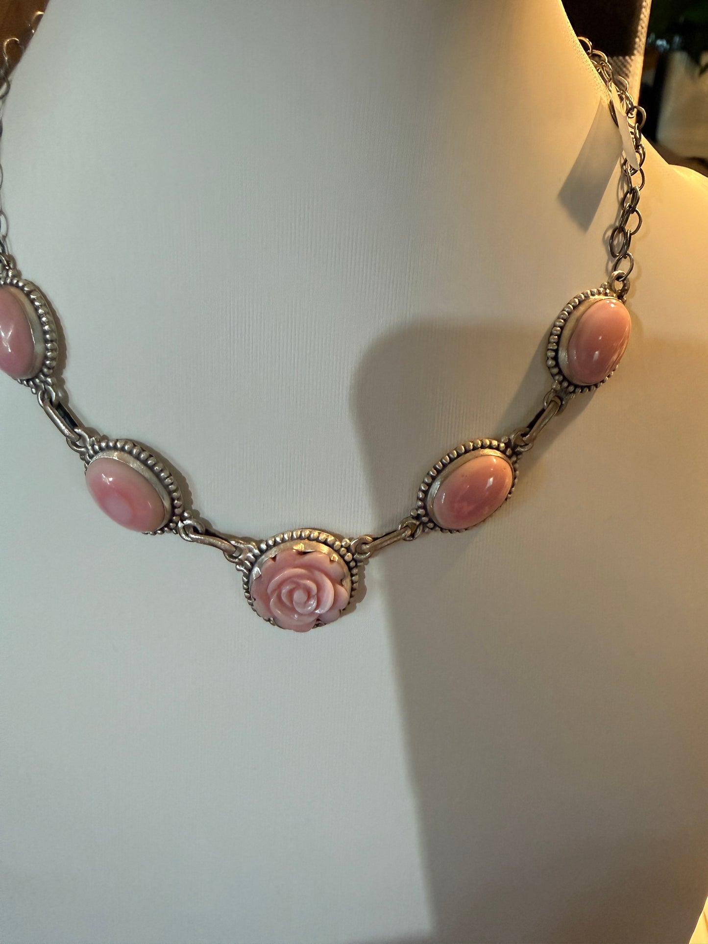 Pink Conch Turquoise Gemstone Rose Choker Necklace in Sterling Silver, 16 Inches Wild West Boho