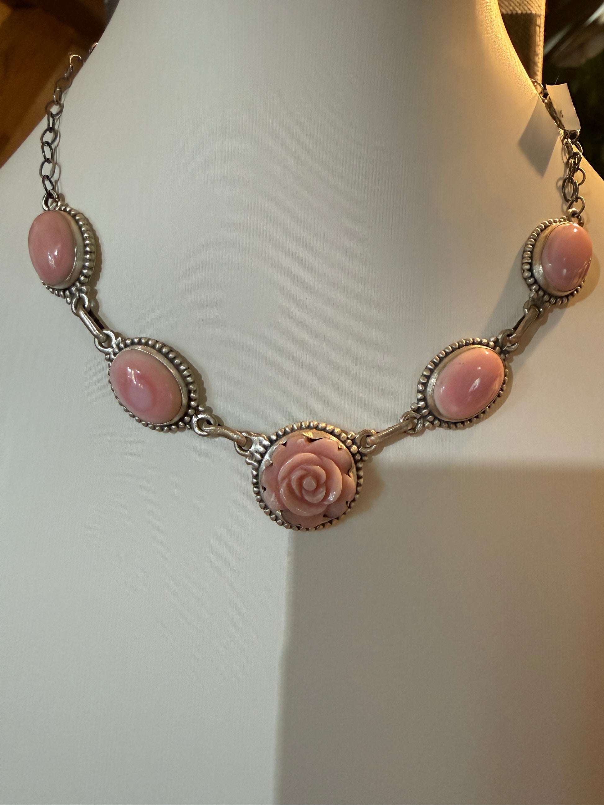 Pink Conch Turquoise Gemstone Rose Choker Necklace in Sterling Silver, 16 Inches Wild West Boho