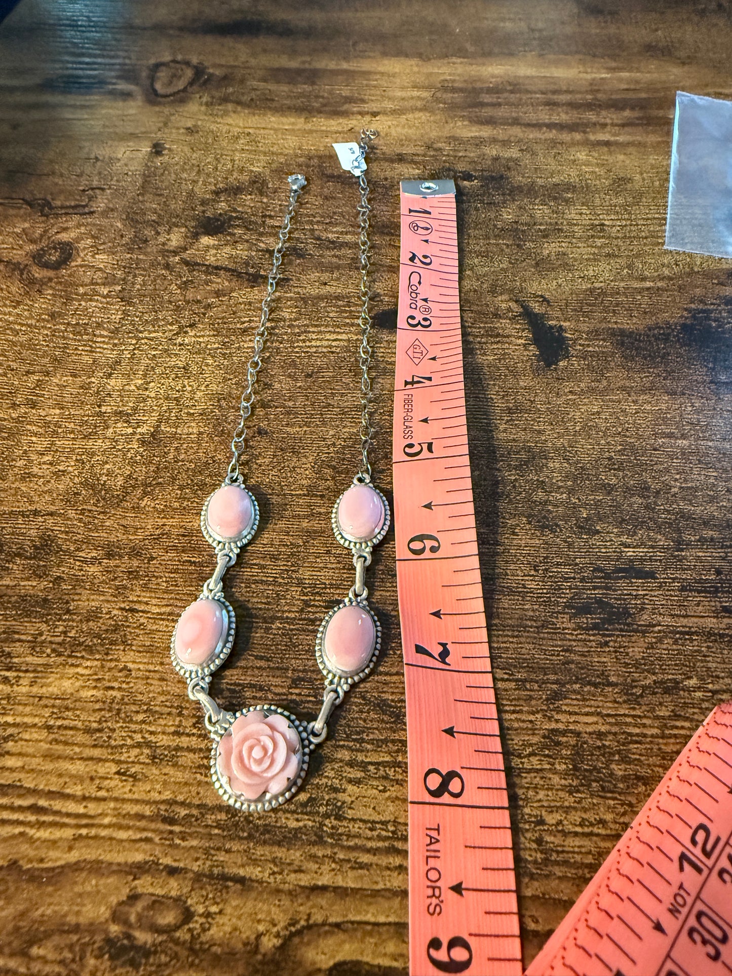 Pink Conch Turquoise Gemstone Rose Choker Necklace in Sterling Silver, 16 Inches Wild West Boho