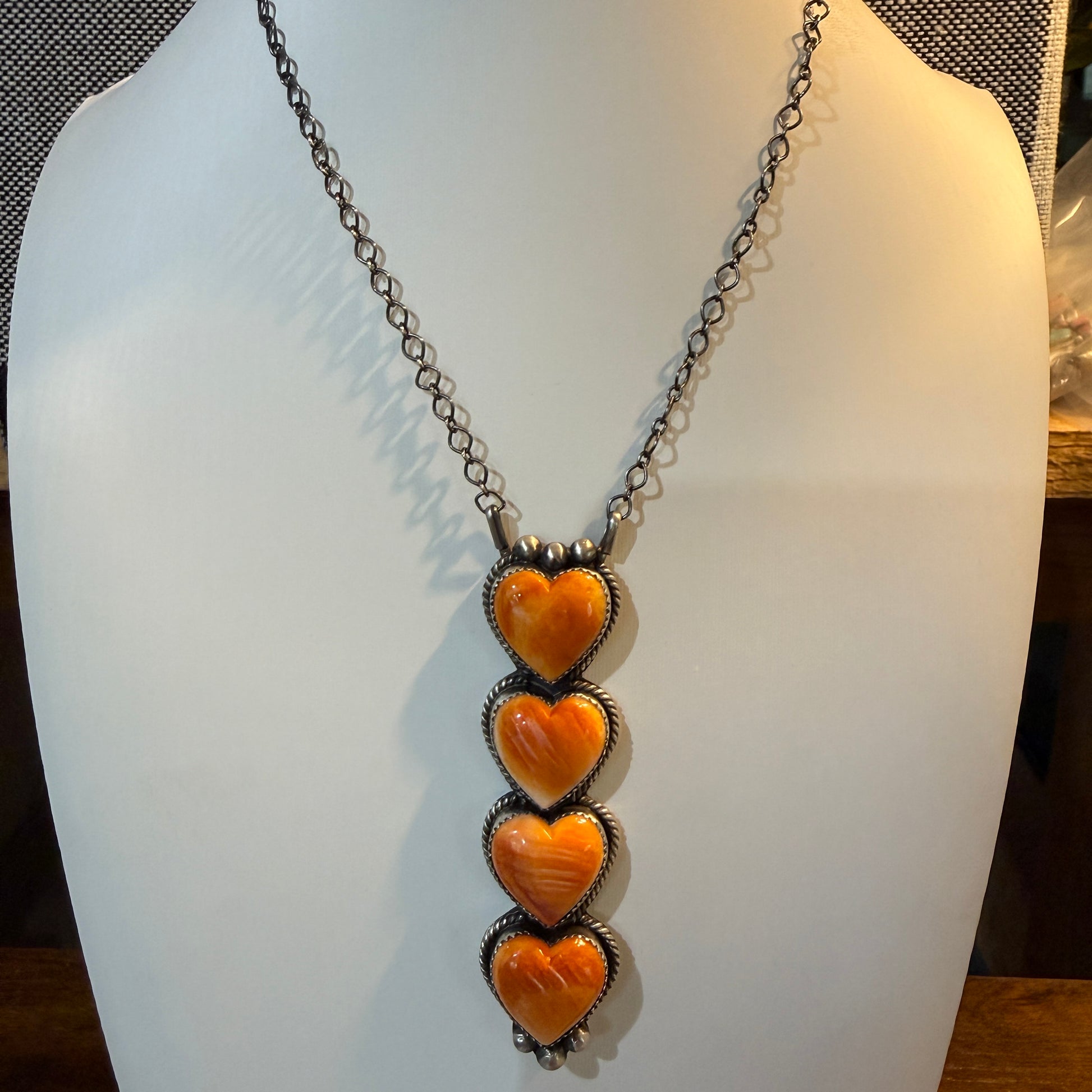 Tia Long Native Handmade Orange Spiny 3.5 Inch Heart Necklace, 18 Inch Rolo Oxidized Chain Wild West Boho