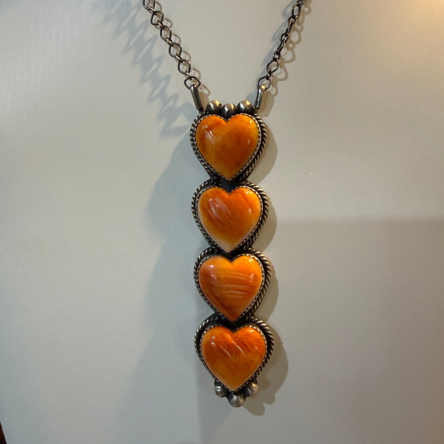 Tia Long Native Handmade Orange Spiny 3.5 Inch Heart Necklace, 18 Inch Rolo Oxidized Chain Wild West Boho