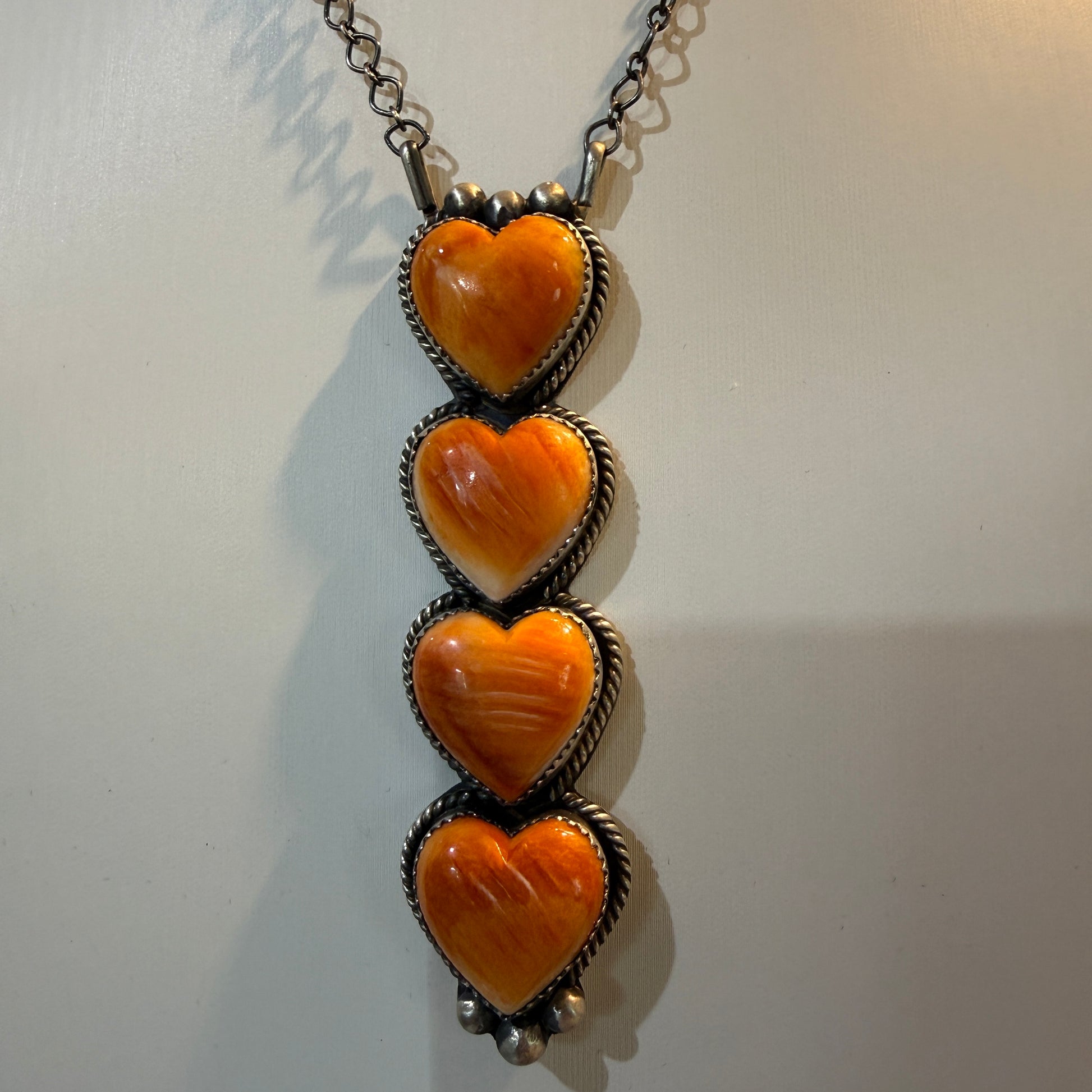 Tia Long Native Handmade Orange Spiny 3.5 Inch Heart Necklace, 18 Inch Rolo Oxidized Chain Wild West Boho