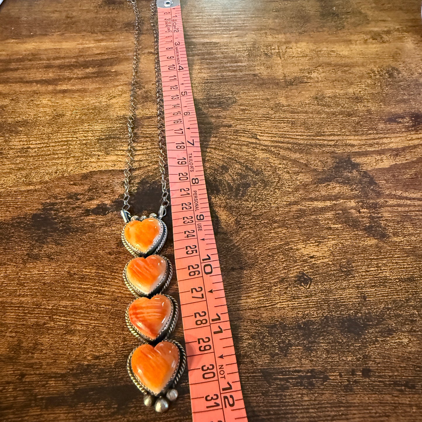 Tia Long Native Handmade Orange Spiny 3.5 Inch Heart Necklace, 18 Inch Rolo Oxidized Chain Wild West Boho