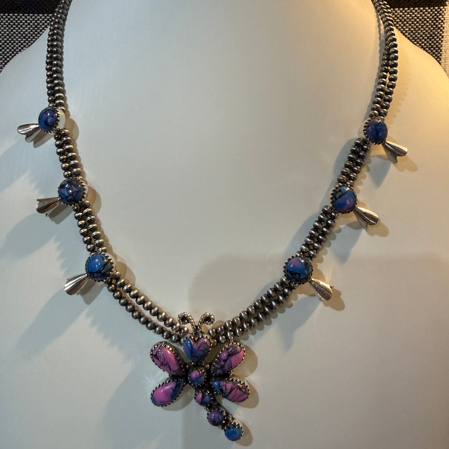 Purple Turquoise Dahlia Dragonfly Blossom Necklace 3mm Desert Pearls in Sterling Silver Wild West Boho