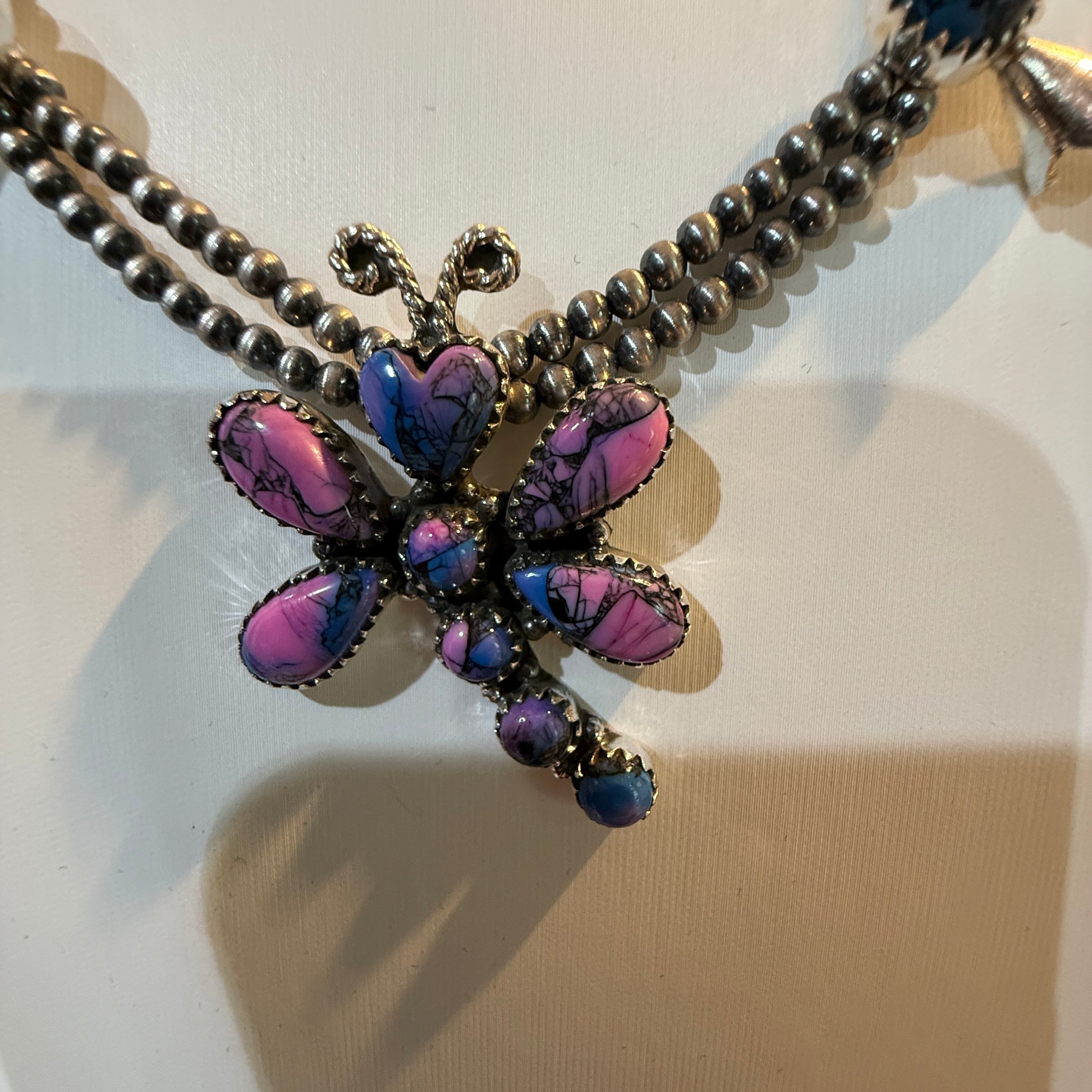 Purple Turquoise Dahlia Dragonfly Blossom Necklace 3mm Desert Pearls in Sterling Silver Wild West Boho
