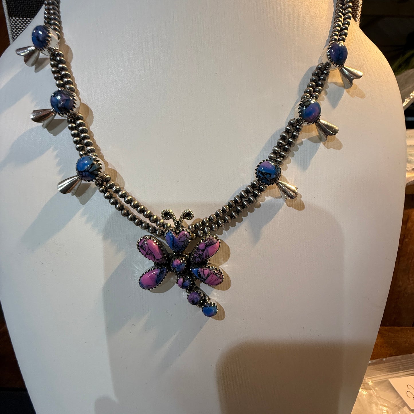 Purple Turquoise Dahlia Dragonfly Blossom Necklace 3mm Desert Pearls in Sterling Silver Wild West Boho