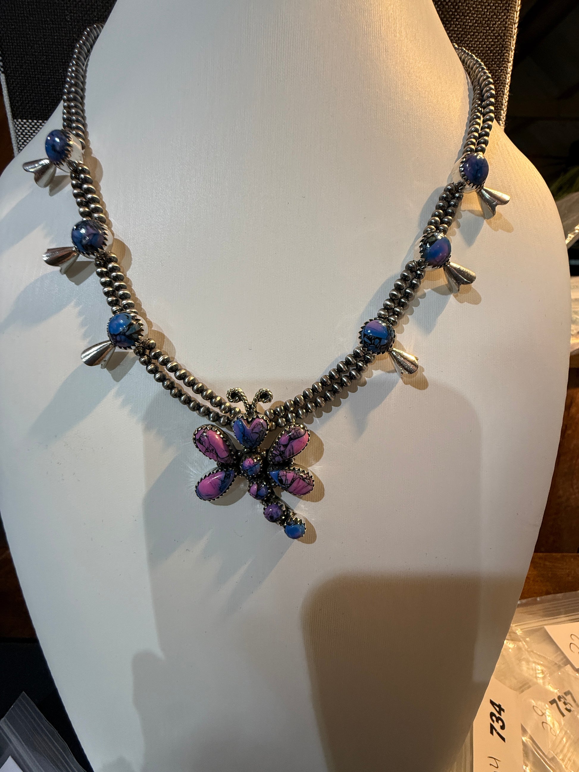Purple Turquoise Dahlia Dragonfly Blossom Necklace 3mm Desert Pearls in Sterling Silver Wild West Boho