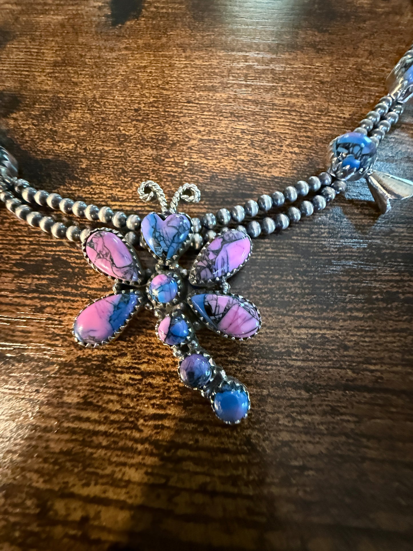 Purple Turquoise Dahlia Dragonfly Blossom Necklace 3mm Desert Pearls in Sterling Silver Wild West Boho