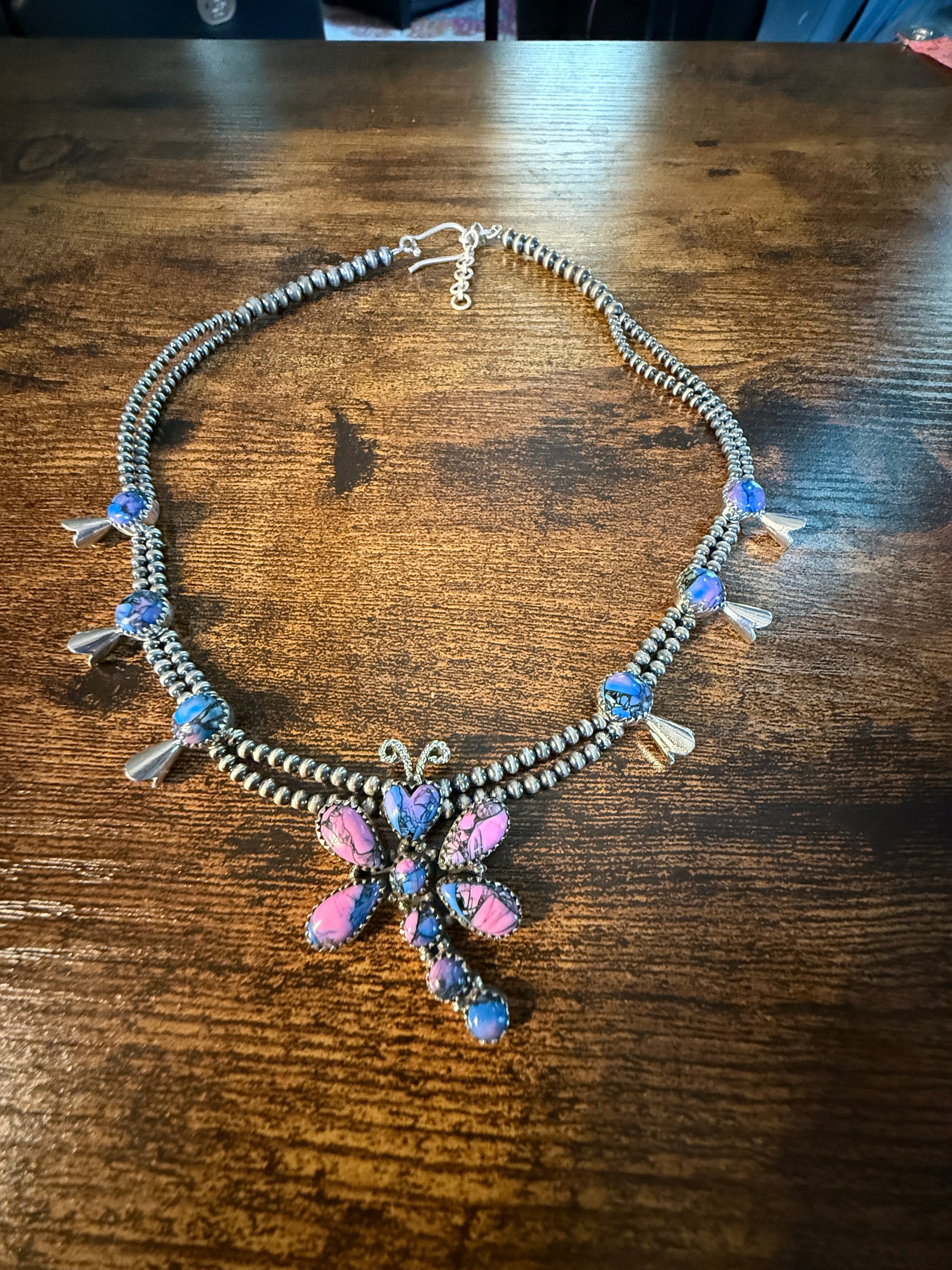 Purple Turquoise Dahlia Dragonfly Blossom Necklace 3mm Desert Pearls in Sterling Silver Wild West Boho