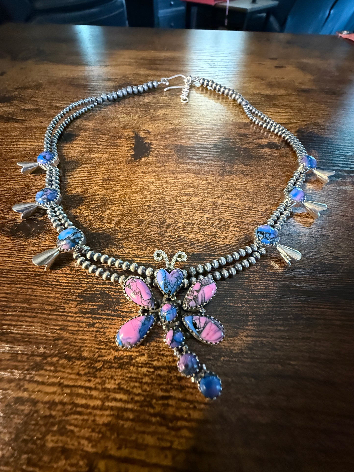 Purple Turquoise Dahlia Dragonfly Blossom Necklace 3mm Desert Pearls in Sterling Silver Wild West Boho