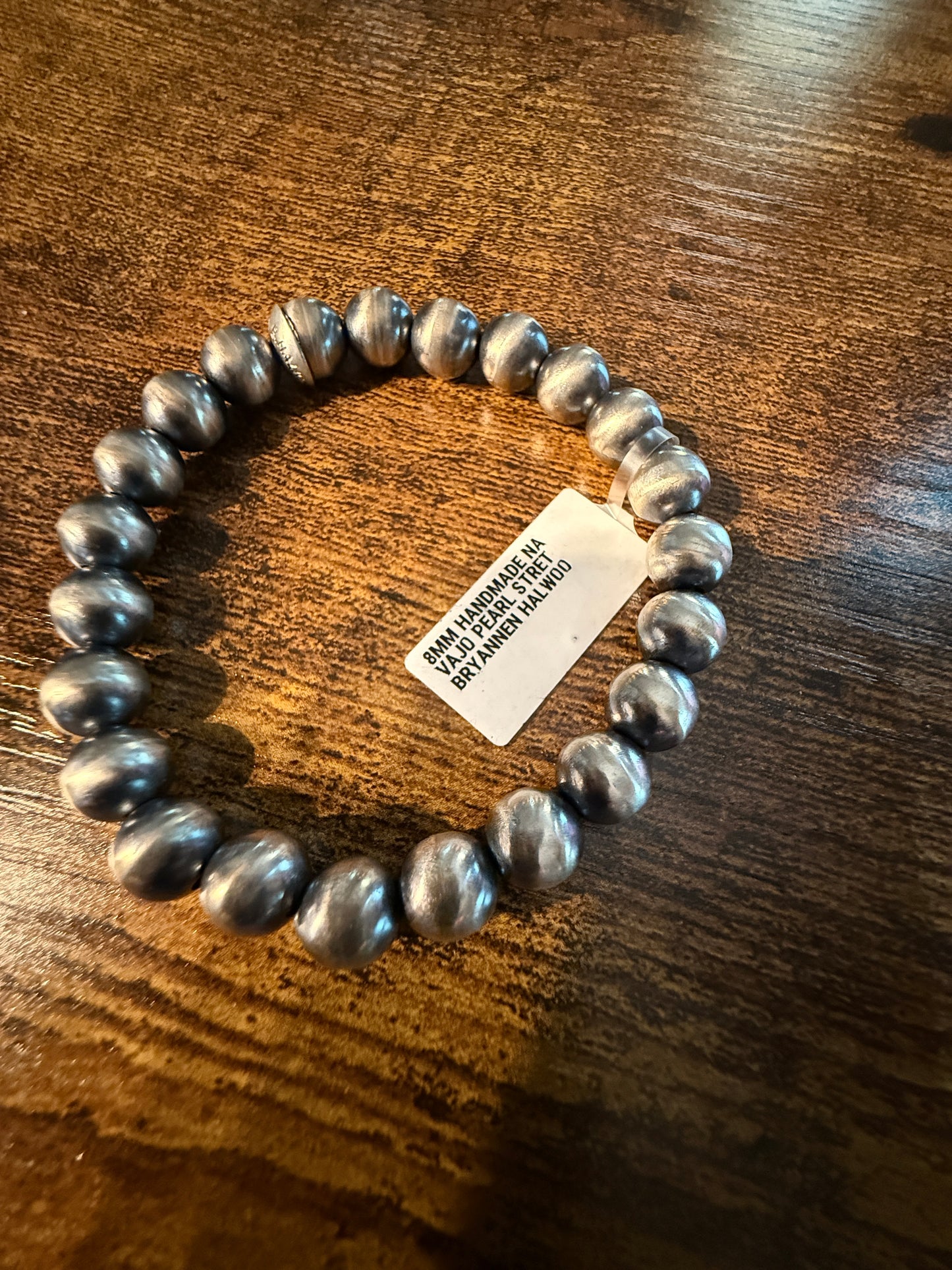 Handmade 8mm Pearl Street Bryannen Halwoo Native Made Stretch Bracelet in Sterling Silver Wild West Boho