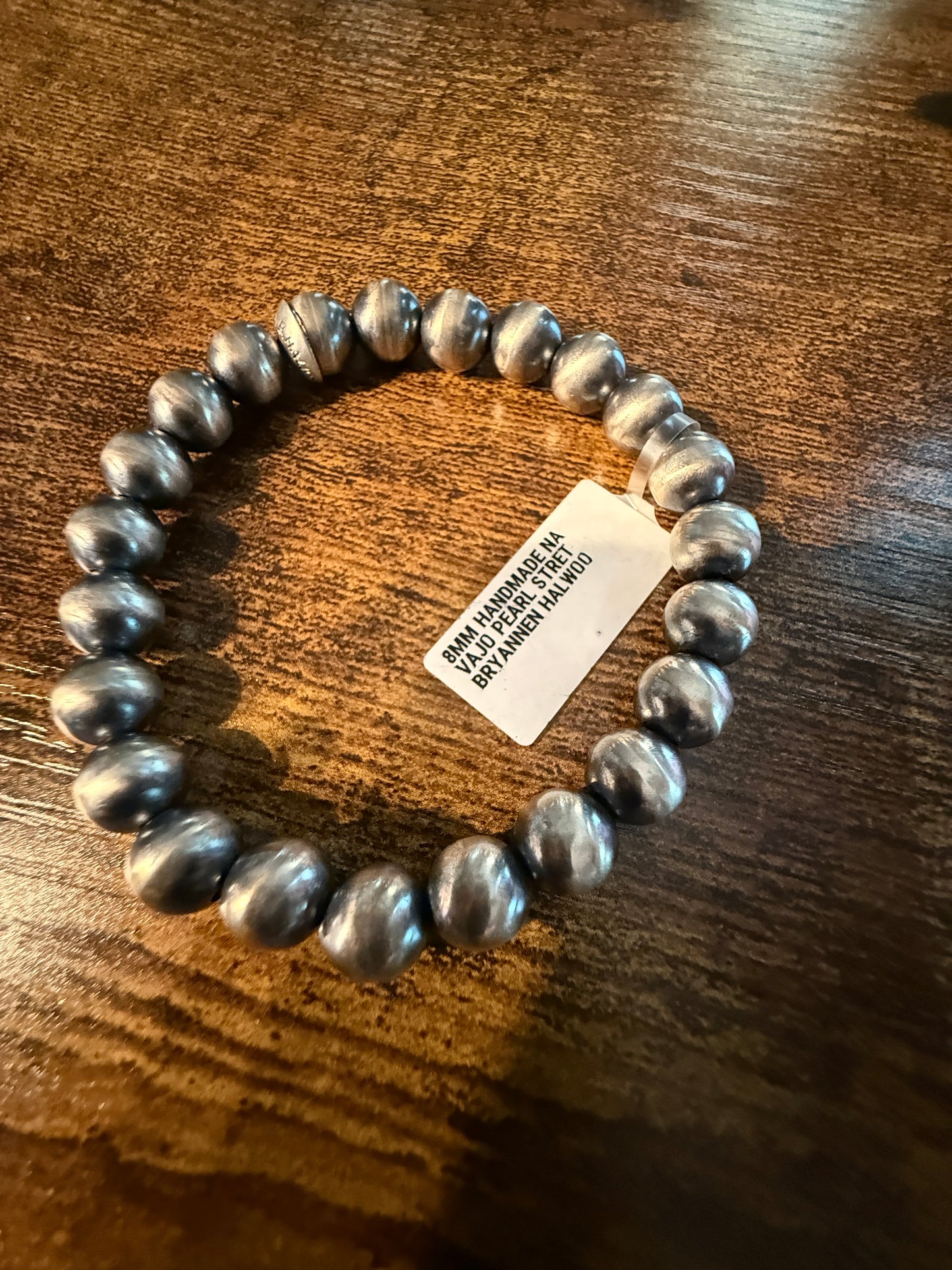 Handmade 8mm Pearl Street Bryannen Halwoo Native Made Stretch Bracelet in Sterling Silver Wild West Boho