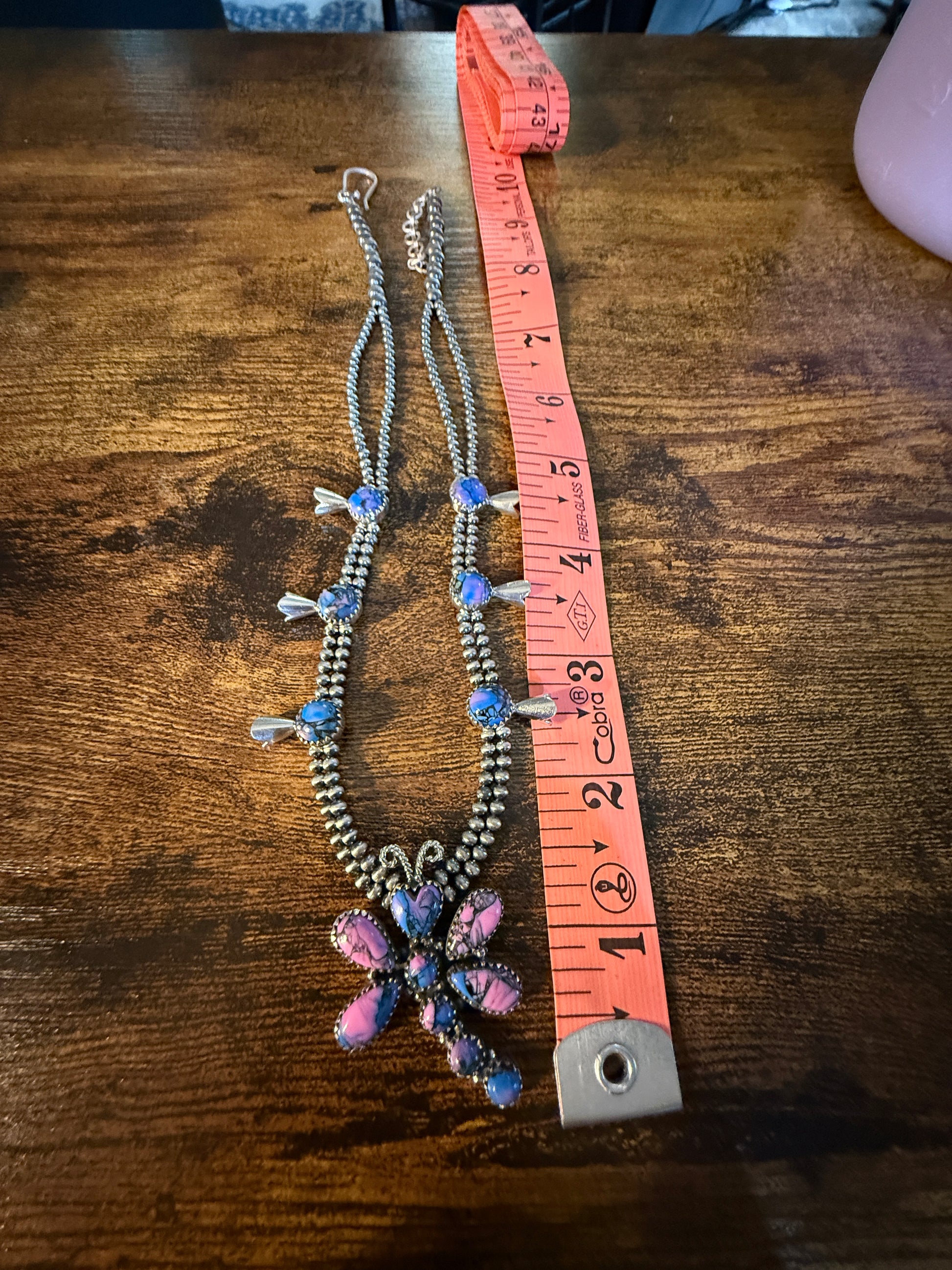 Purple Turquoise Dahlia Dragonfly Blossom Necklace 3mm Desert Pearls in Sterling Silver Wild West Boho