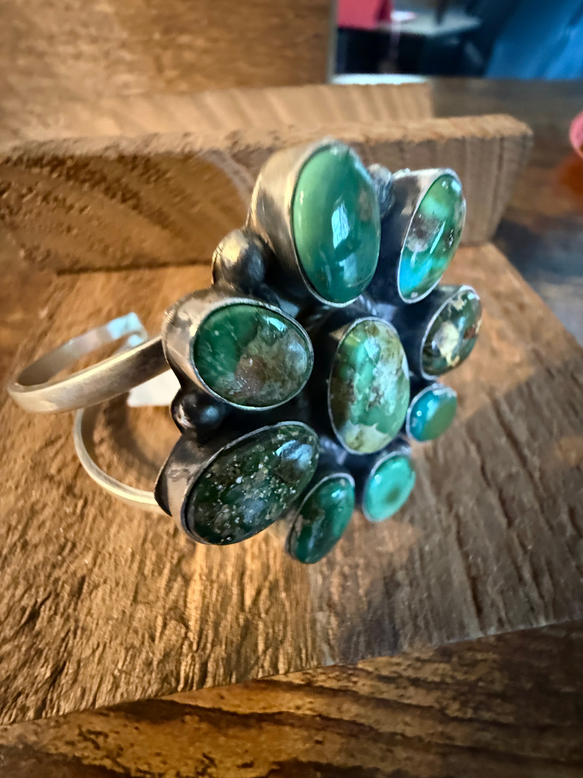 Native Handmade Signed Sonoran Gold Cluster Cuff Bracelet in Sterling Silver Wild West Boho
