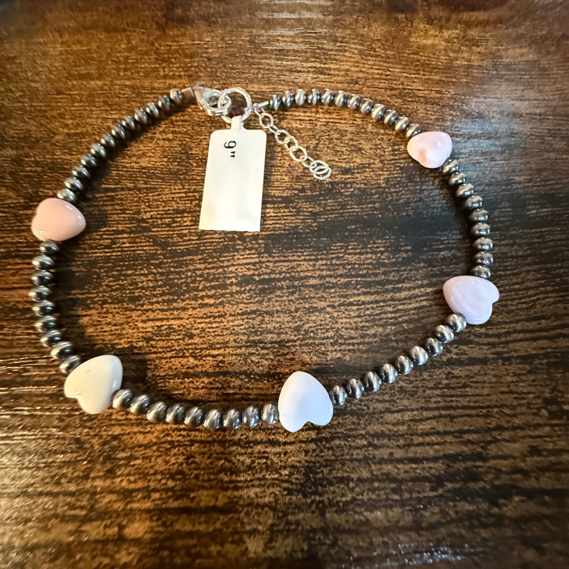 Pink Conch Gemstones 3mm Sterling Silver Beads Anklet, 9 Inch Wild West Boho