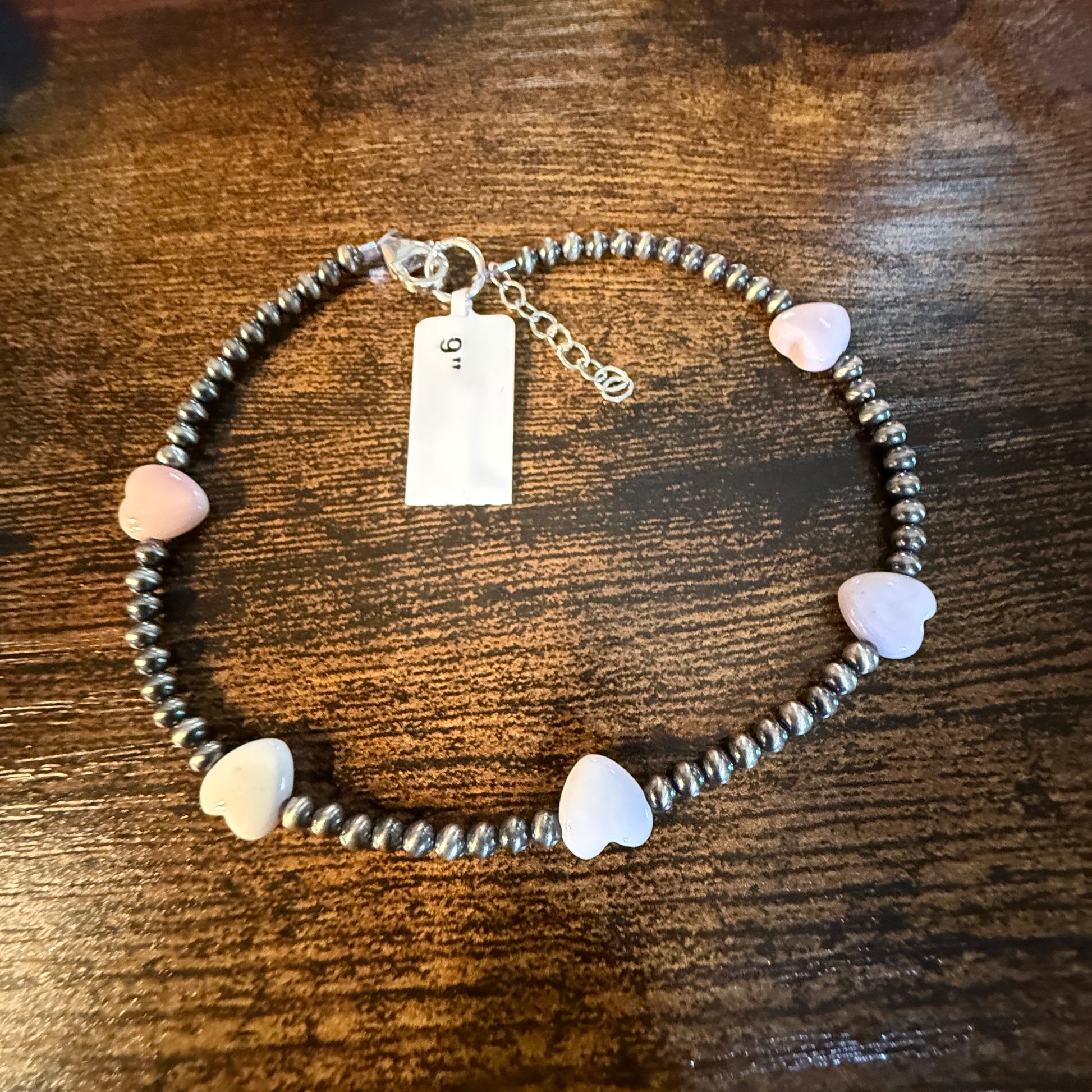 Pink Conch Gemstones 3mm Sterling Silver Beads Anklet, 9 Inch Wild West Boho