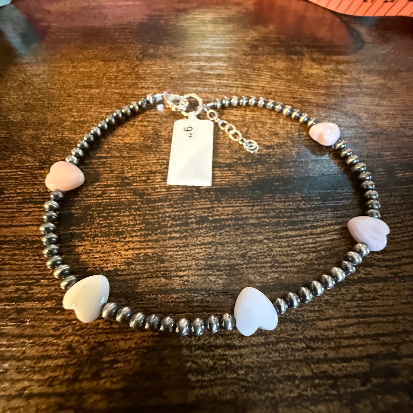 Pink Conch Gemstones 3mm Sterling Silver Beads Anklet, 9 Inch Wild West Boho