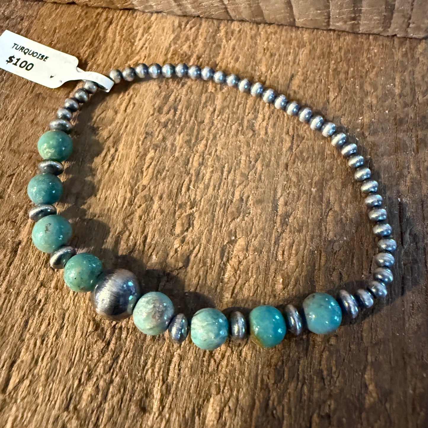 Kingman Turquoise and Sterling Silver 3mm Desert Pearl Stretch Bracelet Wild West Boho