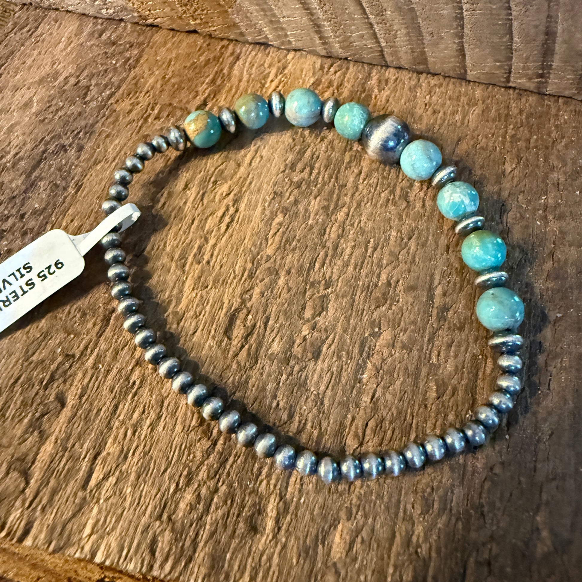 Kingman Turquoise and Sterling Silver 3mm Desert Pearl Stretch Bracelet Wild West Boho
