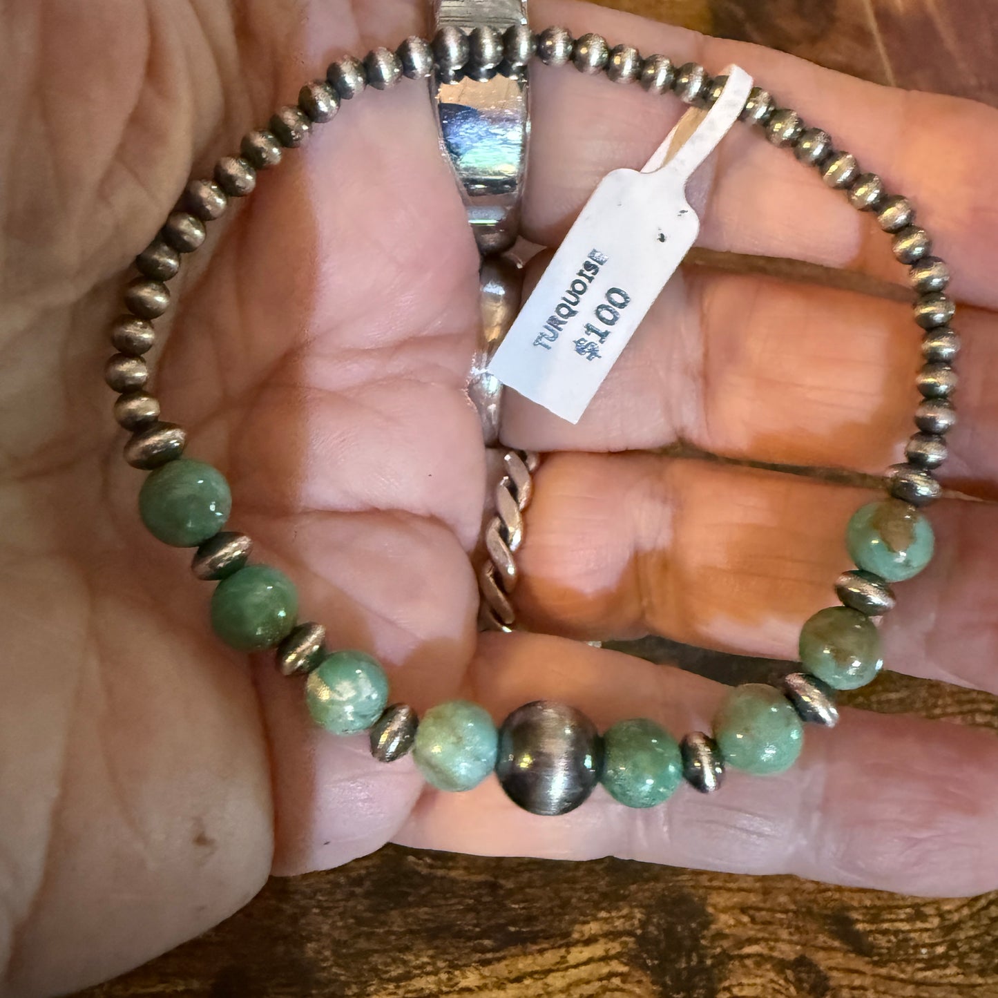 Kingman Turquoise and Sterling Silver 3mm Desert Pearl Stretch Bracelet Wild West Boho