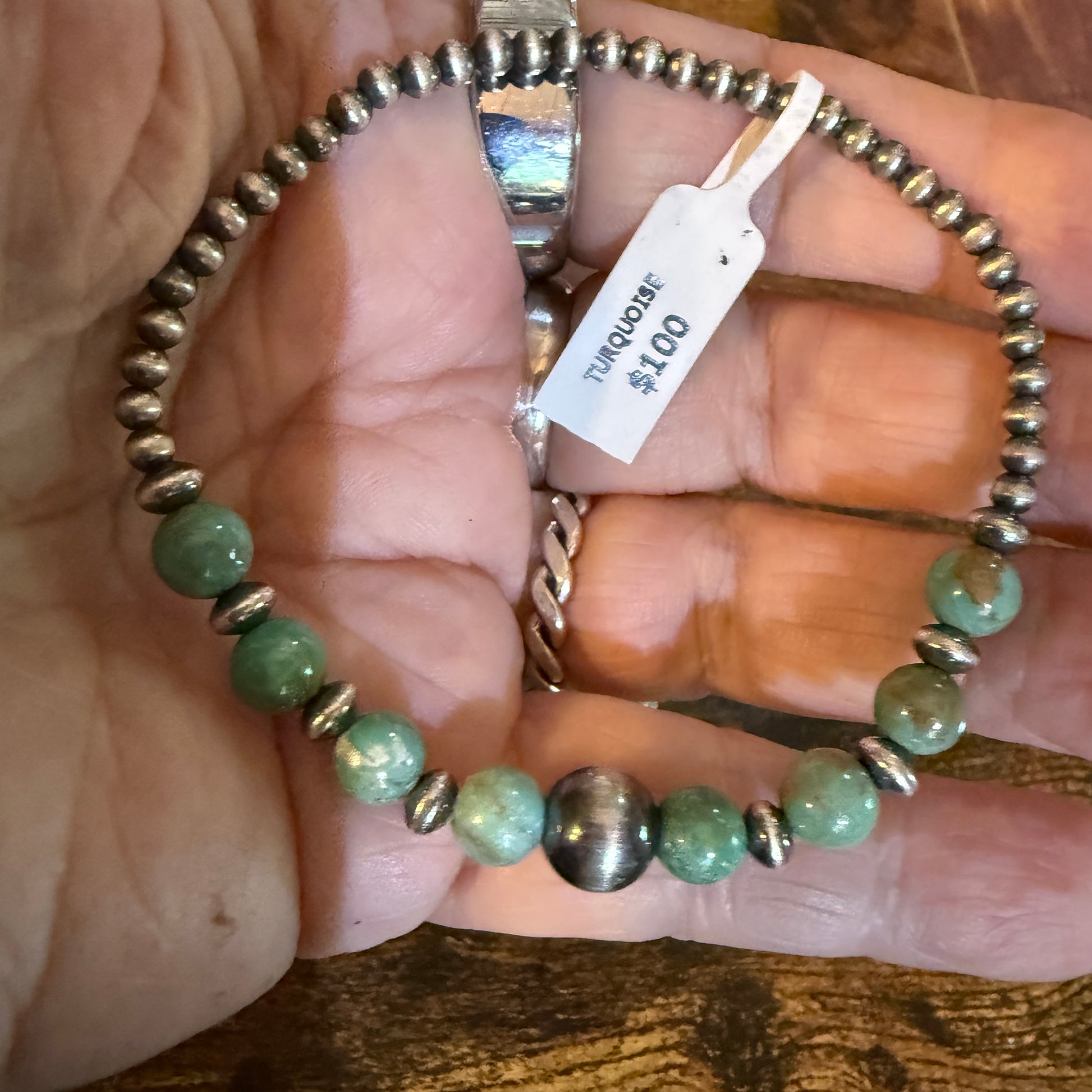 Kingman Turquoise and Sterling Silver 3mm Desert Pearl Stretch Bracelet Wild West Boho