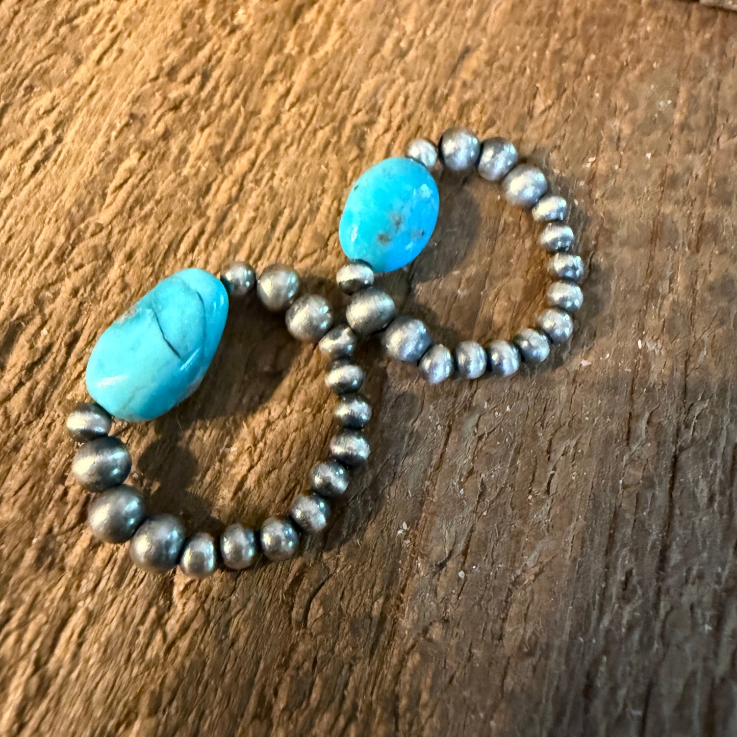 Kingman Turquoise Sterling Silver 3mm Desert Pearls Stretch Stacking Rings Wild West Boho