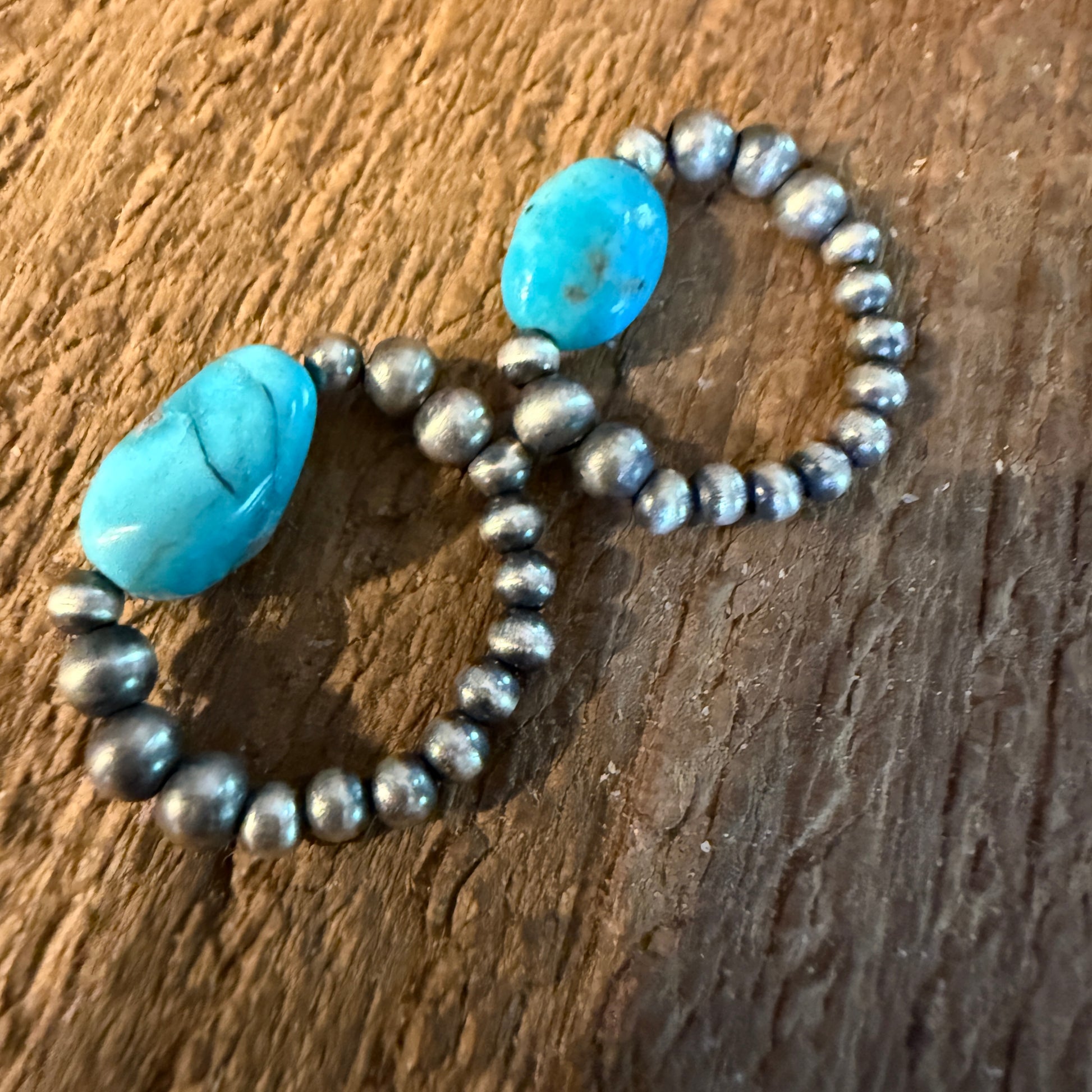 Two Turquoise Stretch 3mm Desert Pearl Rings in Sterling Silver Wild West Boho