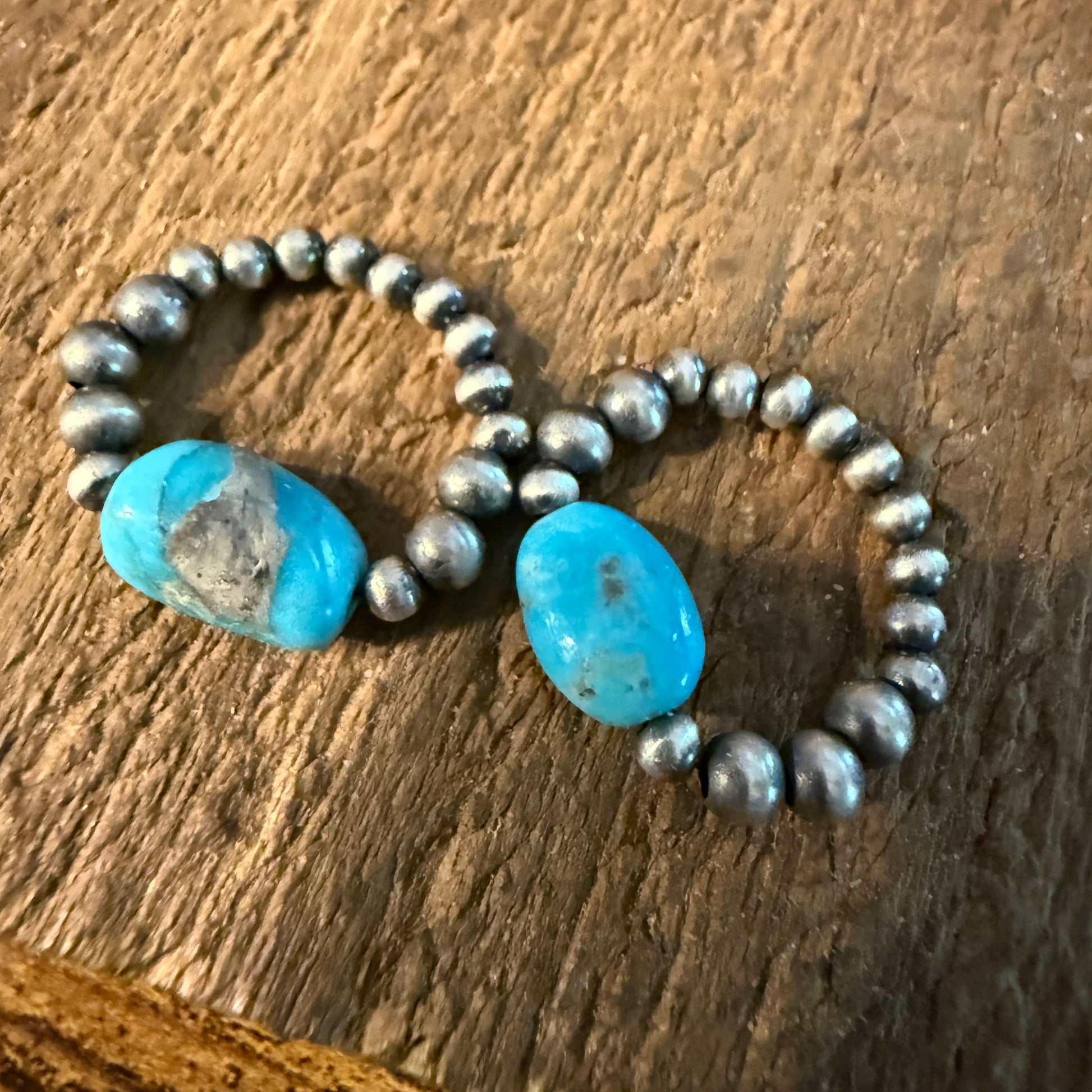 Kingman Turquoise Sterling Silver 3mm Desert Pearls Stretch Stacking Rings Wild West Boho