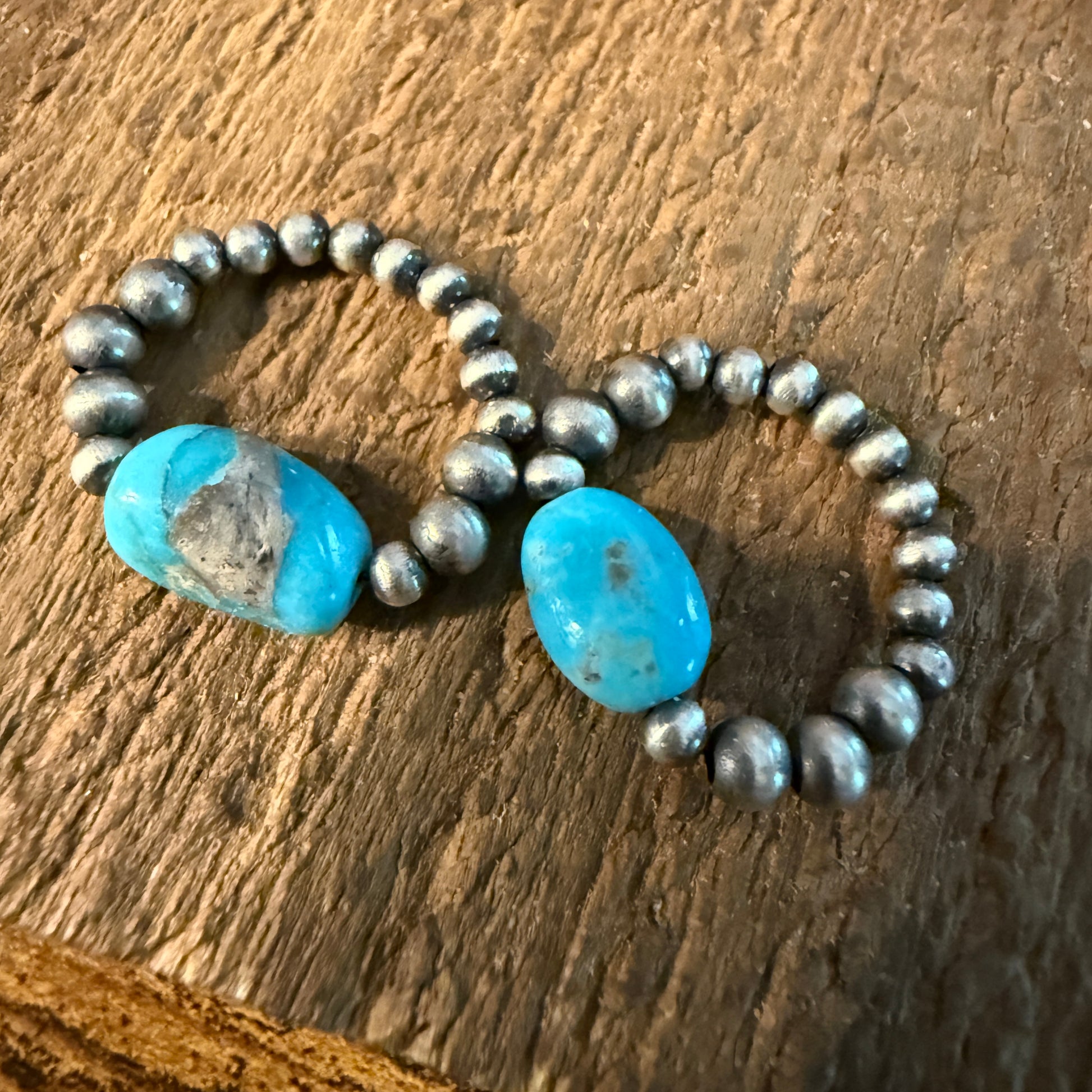 Two Turquoise Stretch 3mm Desert Pearl Rings in Sterling Silver Wild West Boho