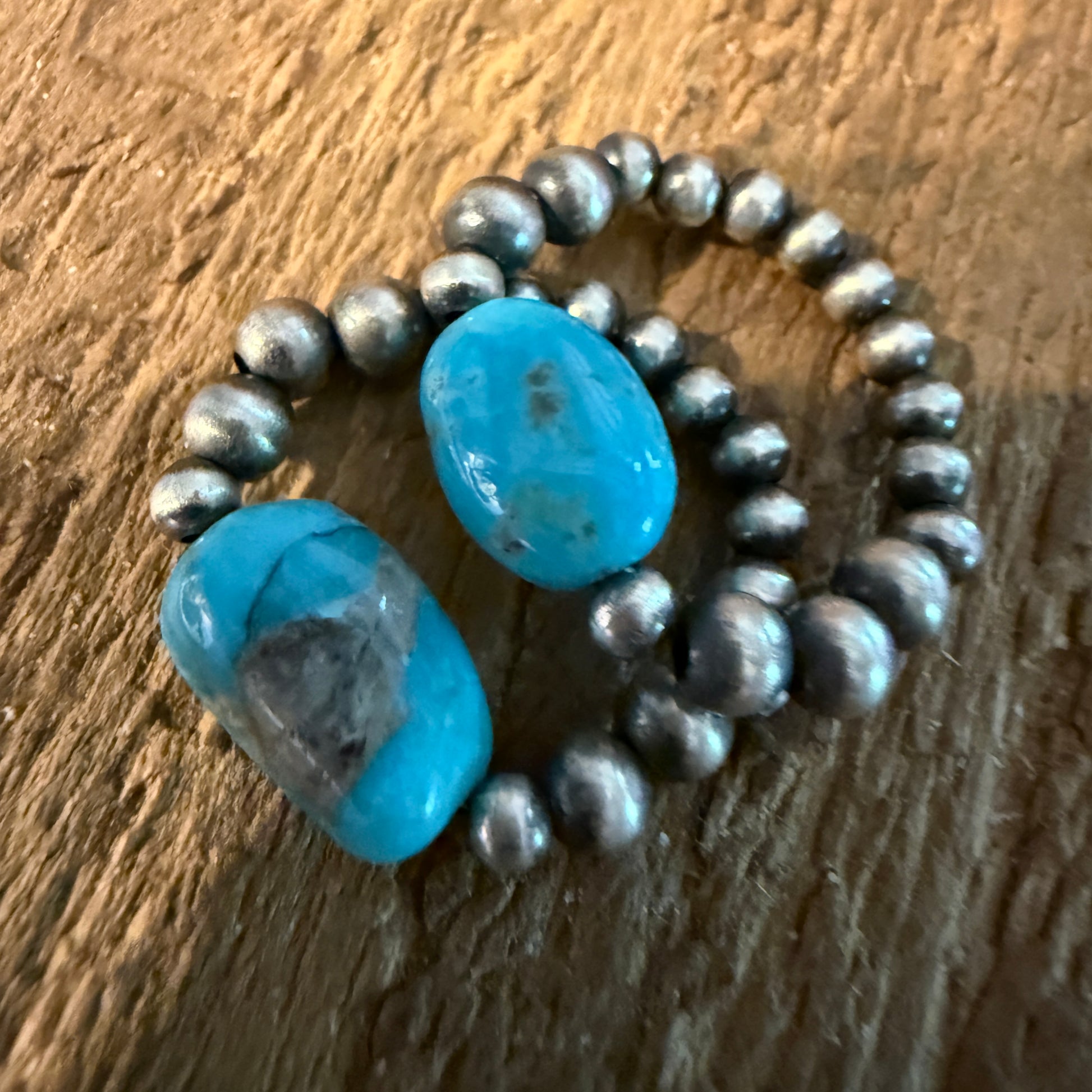 Two Turquoise Stretch 3mm Desert Pearl Rings in Sterling Silver Wild West Boho