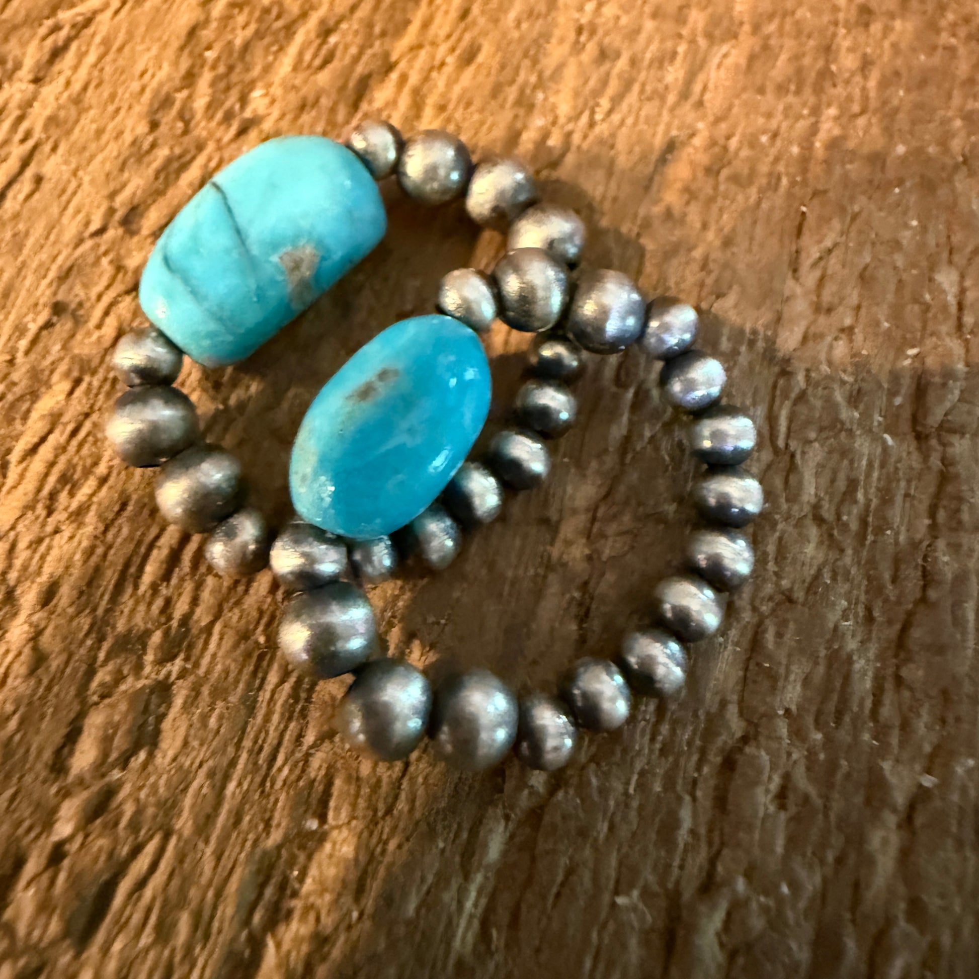 Kingman Turquoise Sterling Silver 3mm Desert Pearls Stretch Stacking Rings Wild West Boho