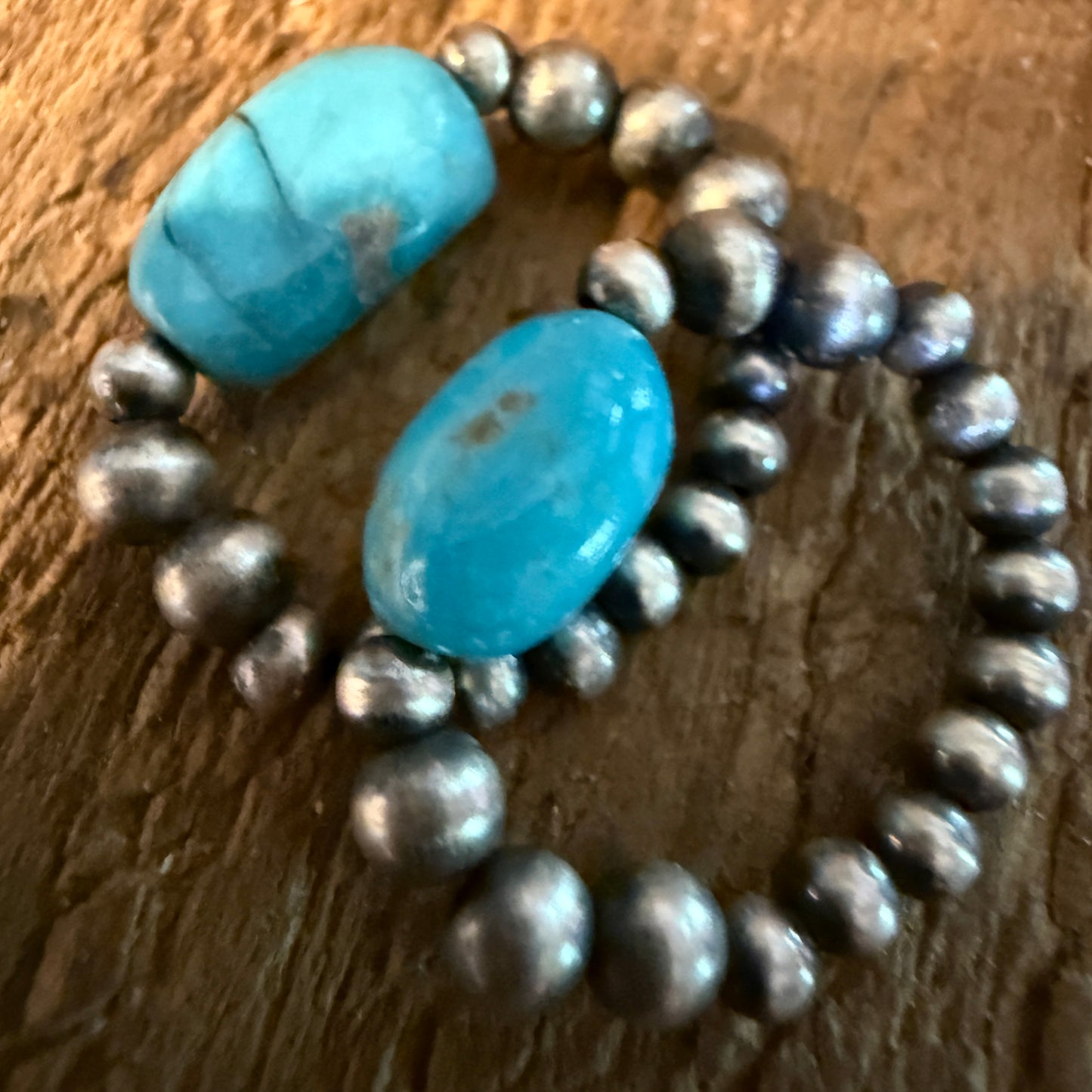 Kingman Turquoise Sterling Silver 3mm Desert Pearls Stretch Stacking Rings Wild West Boho