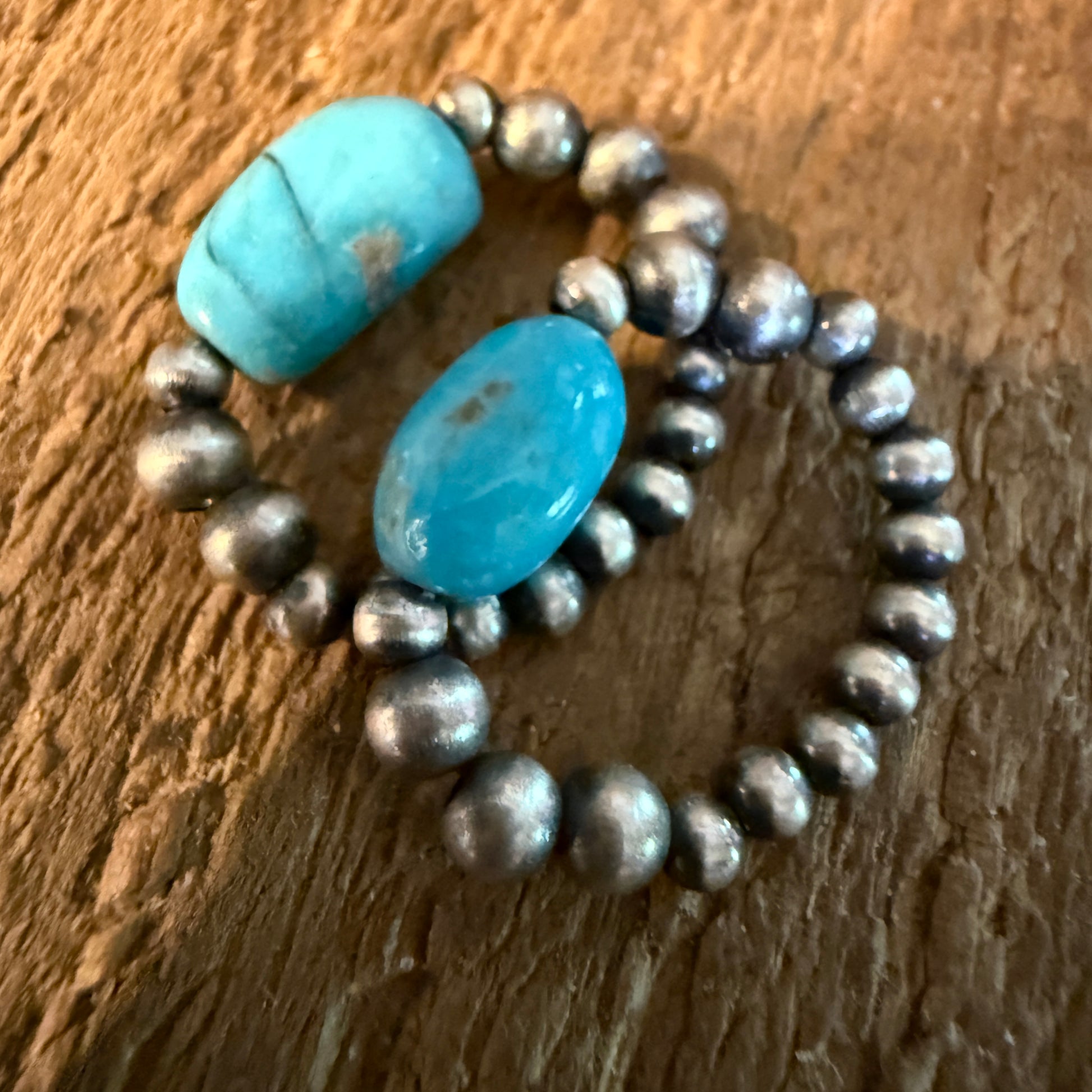 Two Turquoise Stretch 3mm Desert Pearl Rings in Sterling Silver Wild West Boho