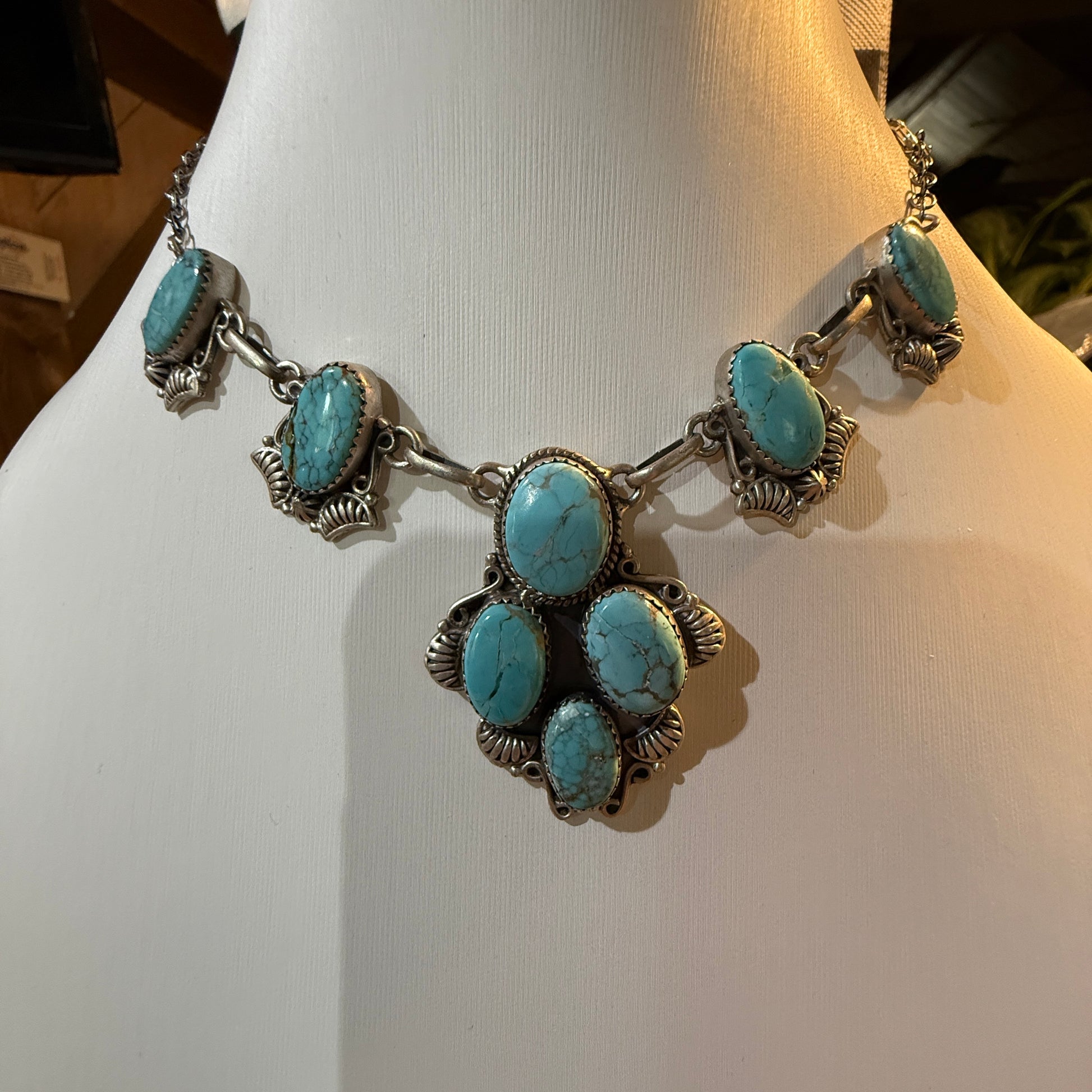 Number 8 Mine Turquoise Gemstone Statement Lariat Necklace in Sterling Silver Wild West Boho