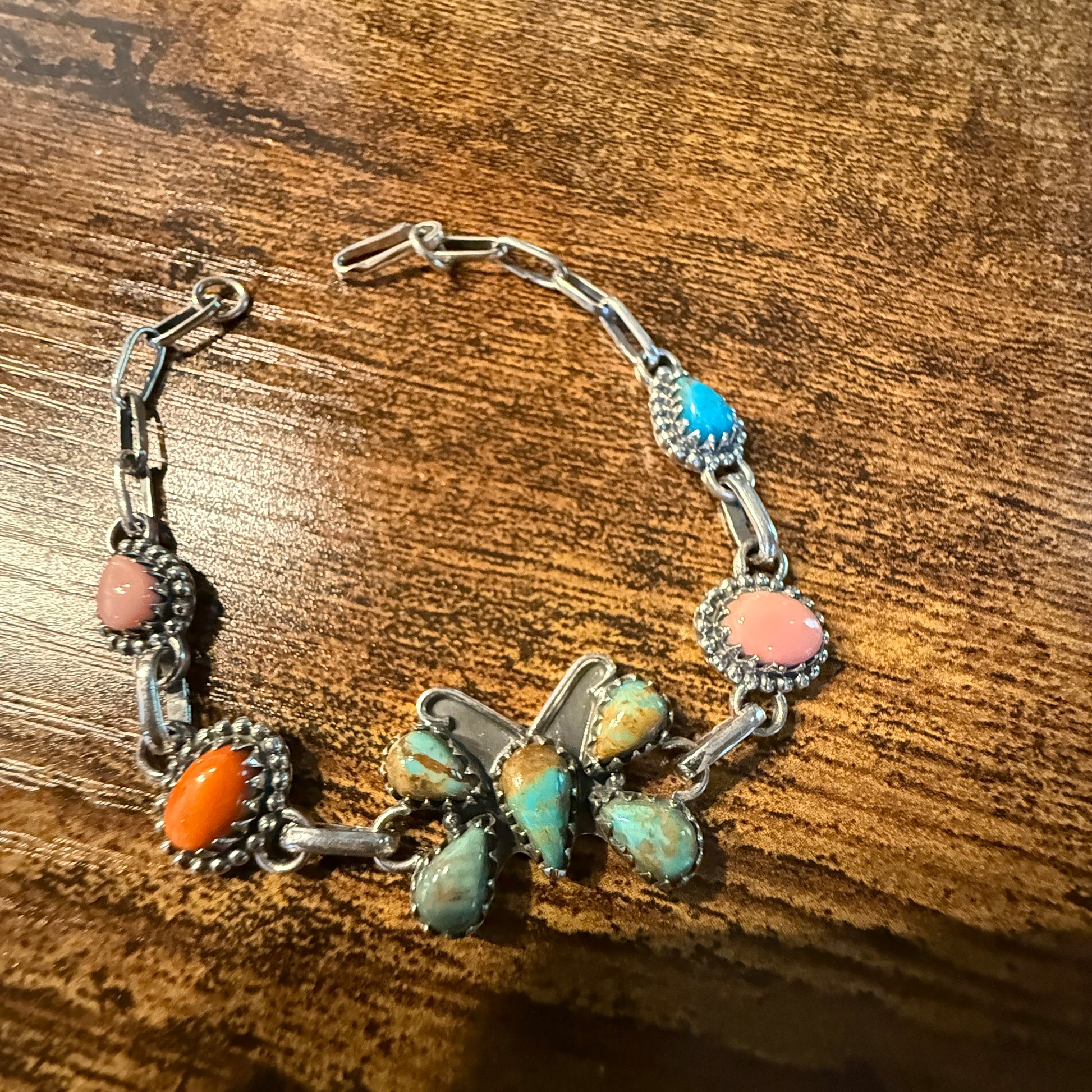 Number 8 Pink Conch Orange Spiny Gemstone Butterfly Bracelet in Sterling Silver 7.5 Inch Wild West Boho