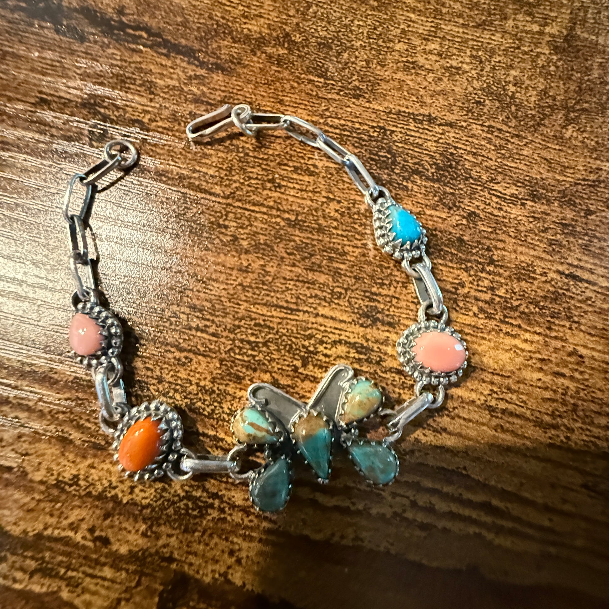 Number 8 Pink Conch Orange Spiny Gemstone Butterfly Bracelet in Sterling Silver 7.5 Inch Wild West Boho