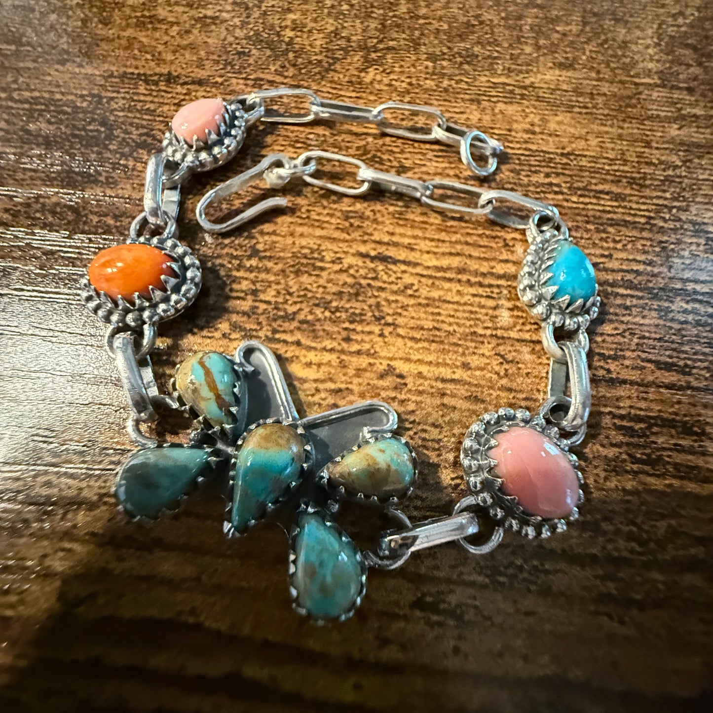 Number 8 Pink Conch Orange Spiny Gemstone Butterfly Bracelet in Sterling Silver 7.5 Inch Wild West Boho
