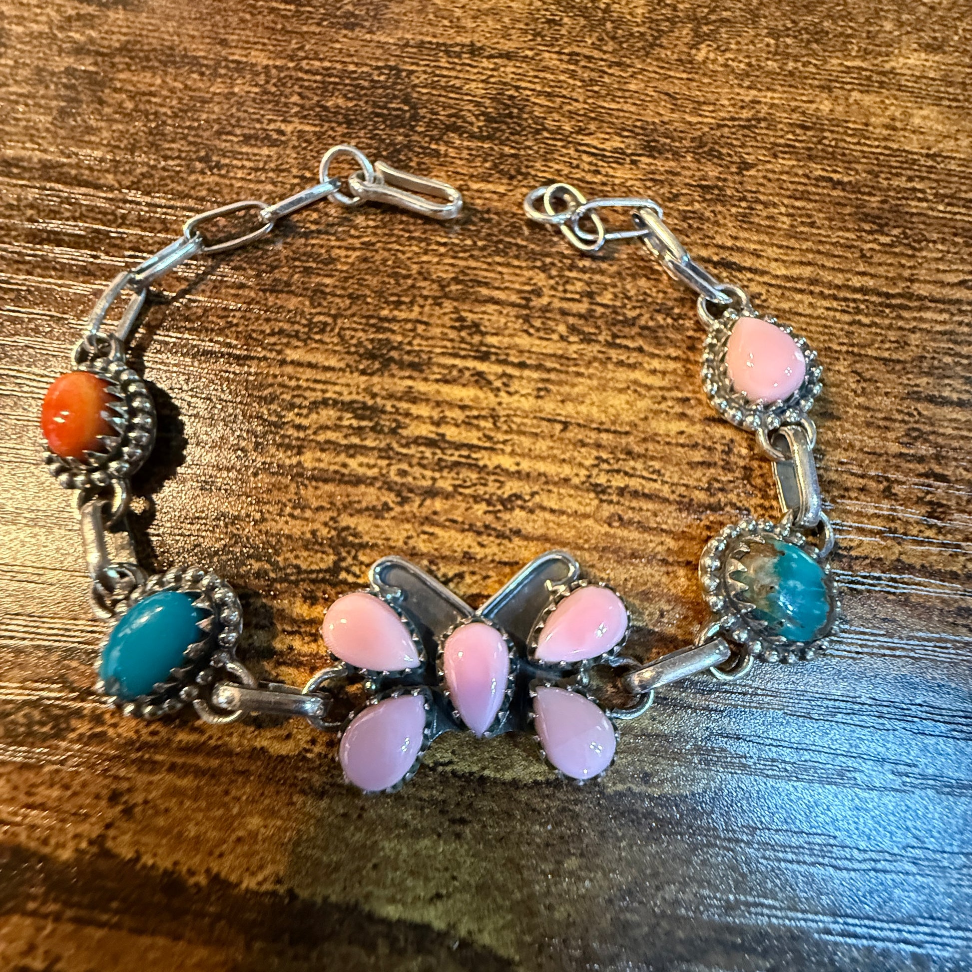 Pink Conch Orange Spiny Blue Ridge Turquoise Butterfly Link Bracelet in Sterling Silver, 7.5 Inches Wild West Boho