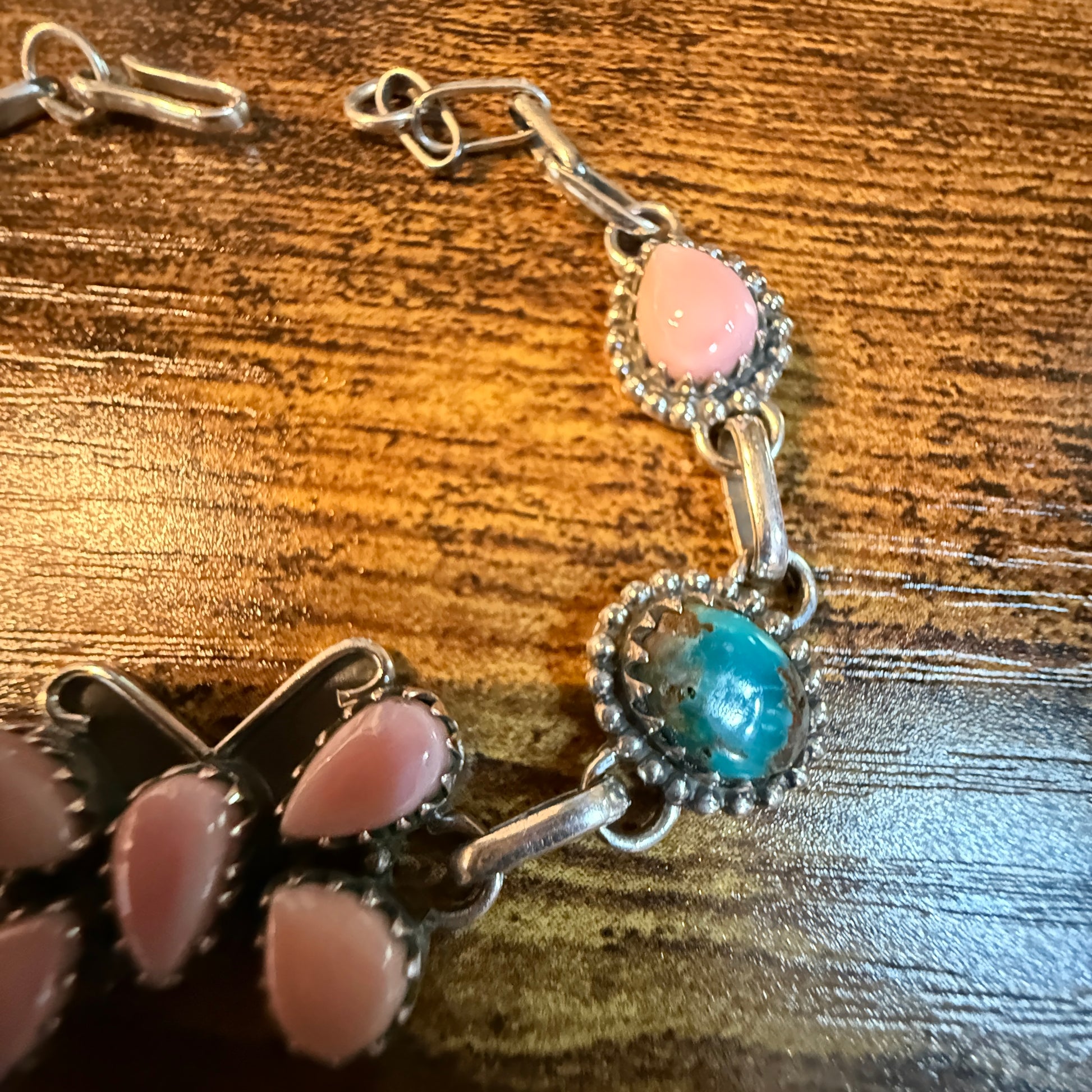Pink Conch Orange Spiny Blue Ridge Turquoise Butterfly Link Bracelet in Sterling Silver, 7.5 Inches Wild West Boho