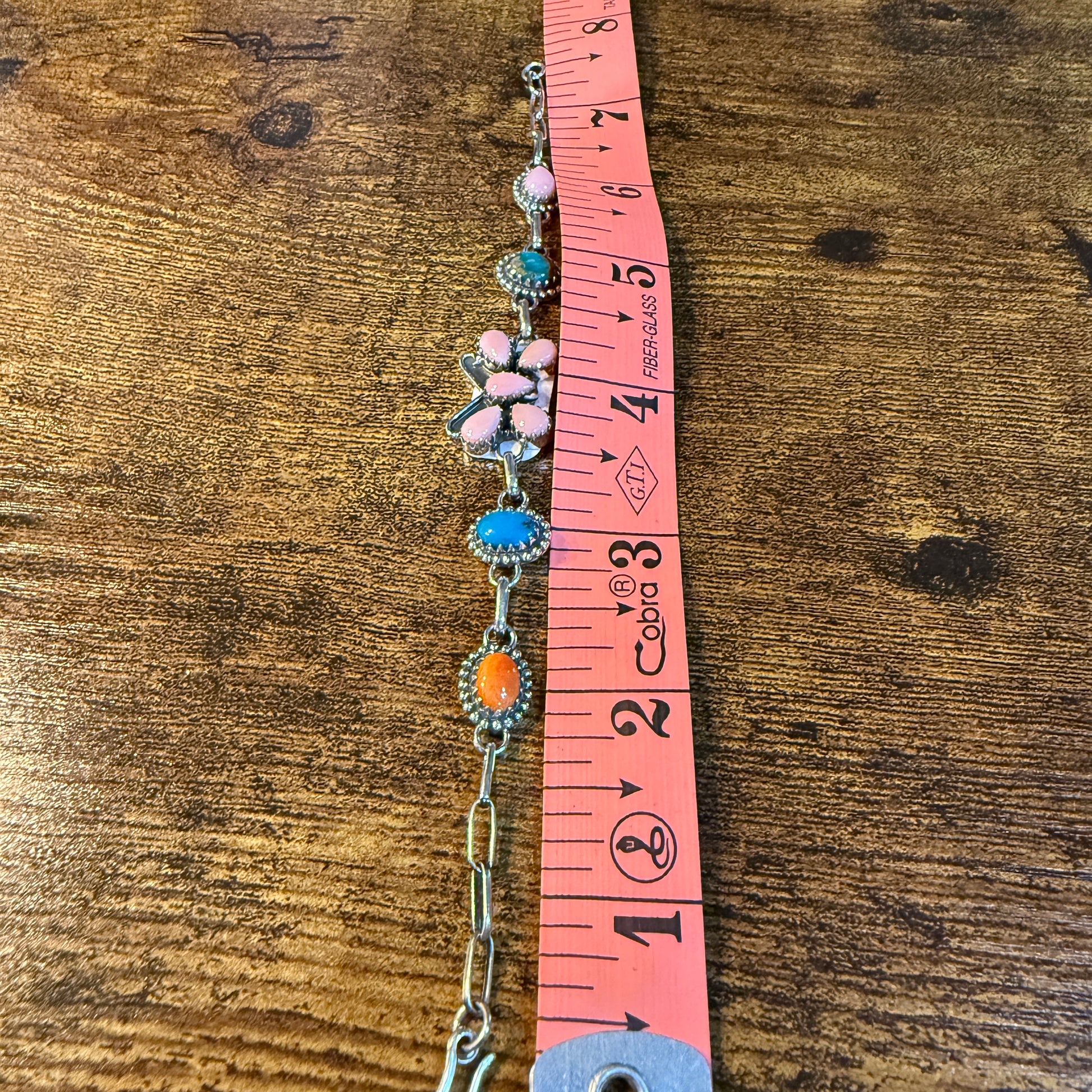 Pink Conch Orange Spiny Blue Ridge Turquoise Butterfly Link Bracelet in Sterling Silver, 7.5 Inches Wild West Boho