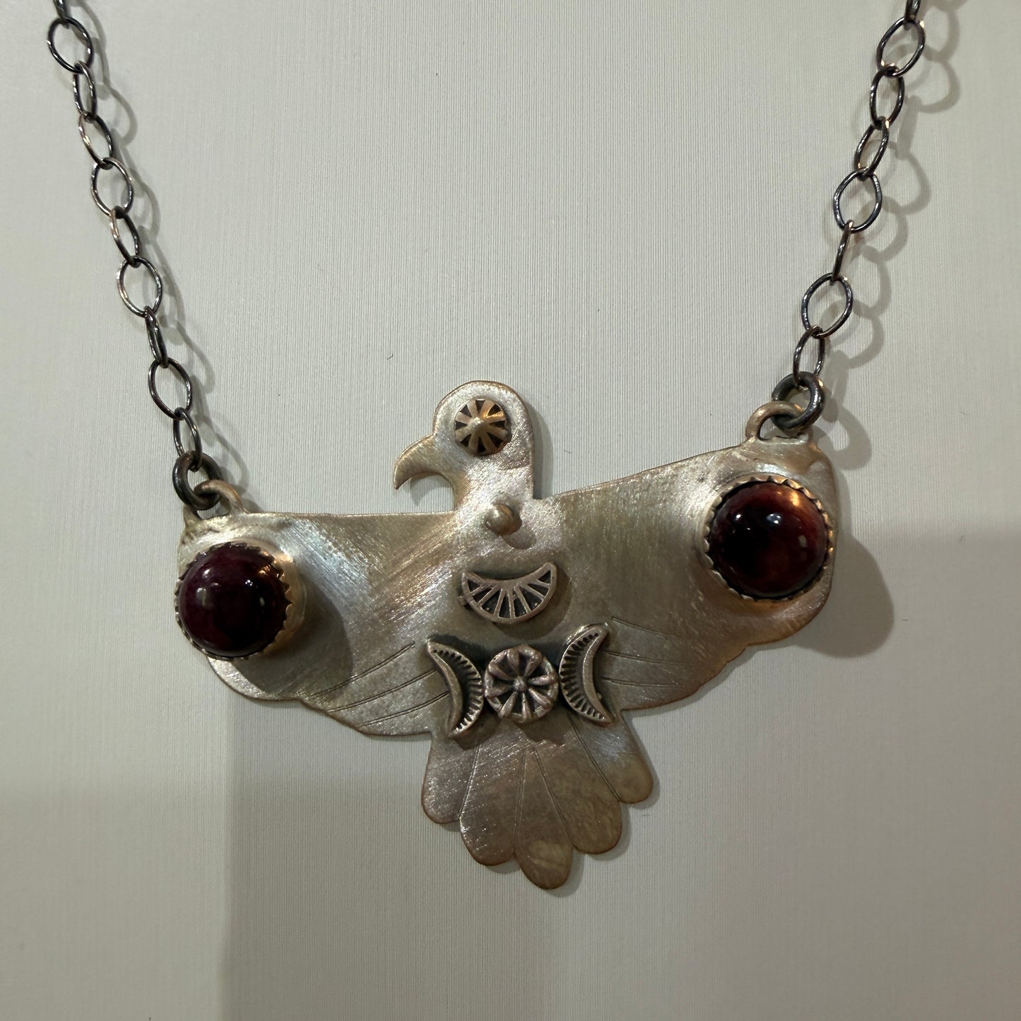 Purple Spiny Turquoise Gemstone Thunderbird Necklace in Sterling Silver, 18 Inch Rolo Chain Wild West Boho