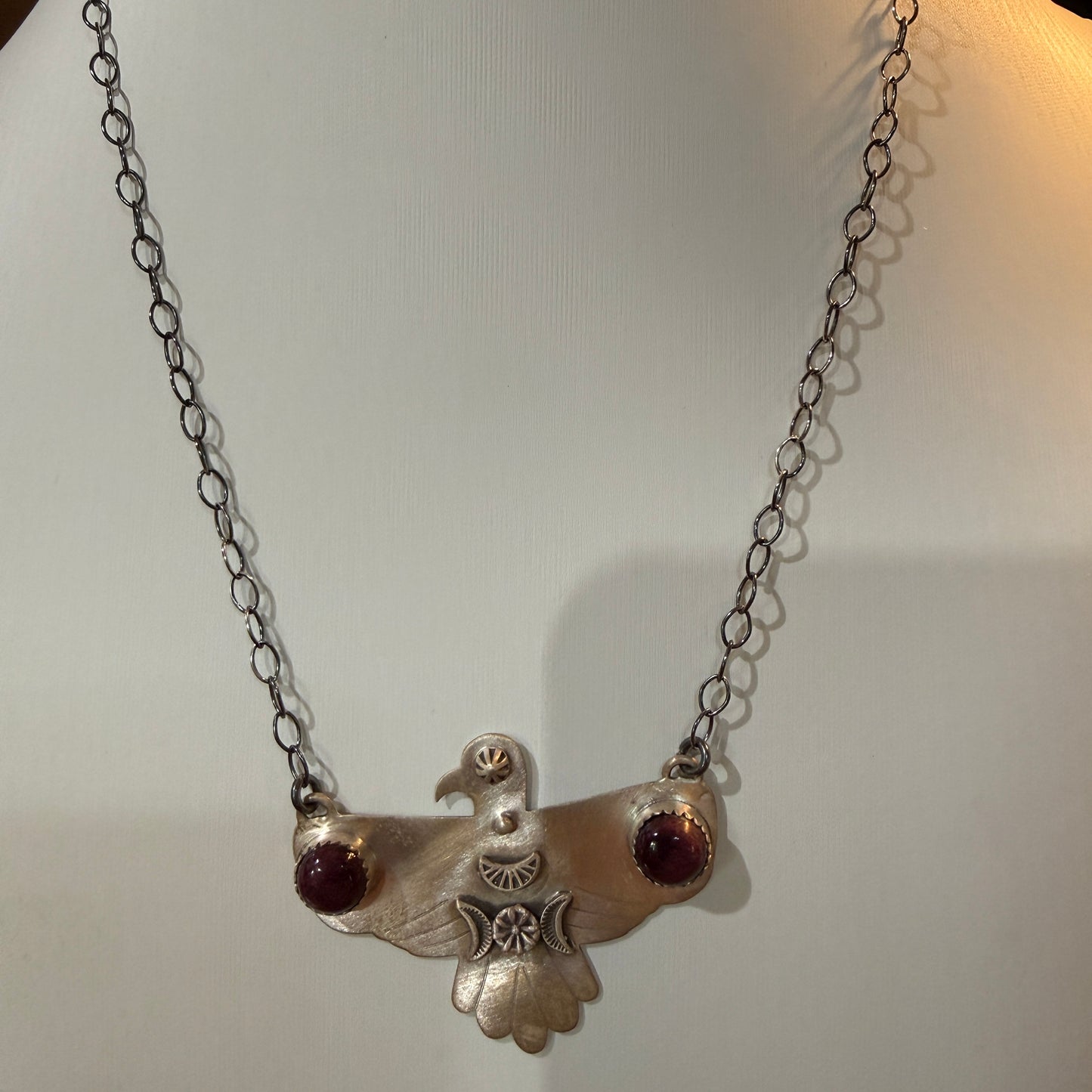 Purple Spiny Turquoise Gemstone Thunderbird Necklace in Sterling Silver, 18 Inch Rolo Chain Wild West Boho