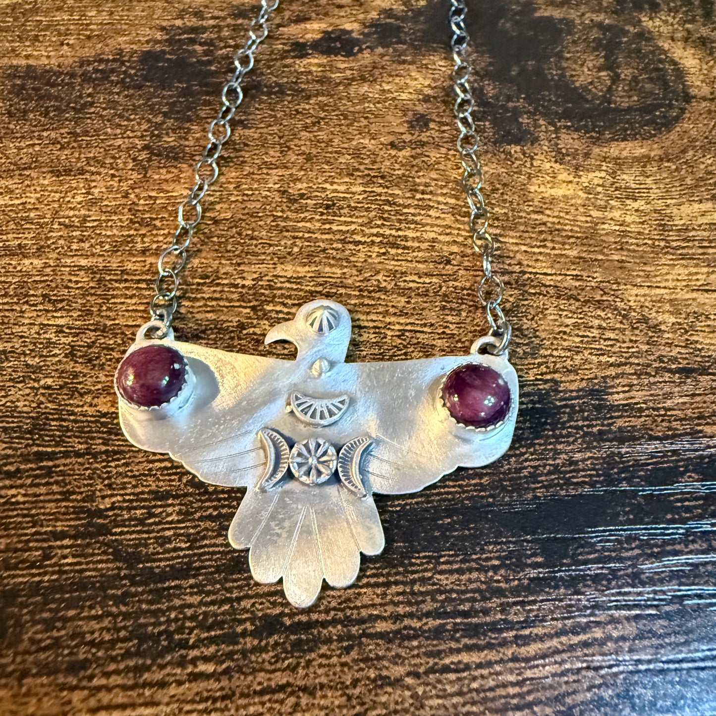 Purple Spiny Turquoise Gemstone Thunderbird Necklace in Sterling Silver, 18 Inch Rolo Chain Wild West Boho