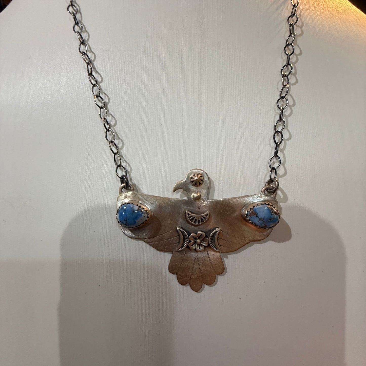 Golden Hills Turquoise Thunderbird Necklace in Sterling Silver, 18 Inch Rolo Chain Wild West Boho